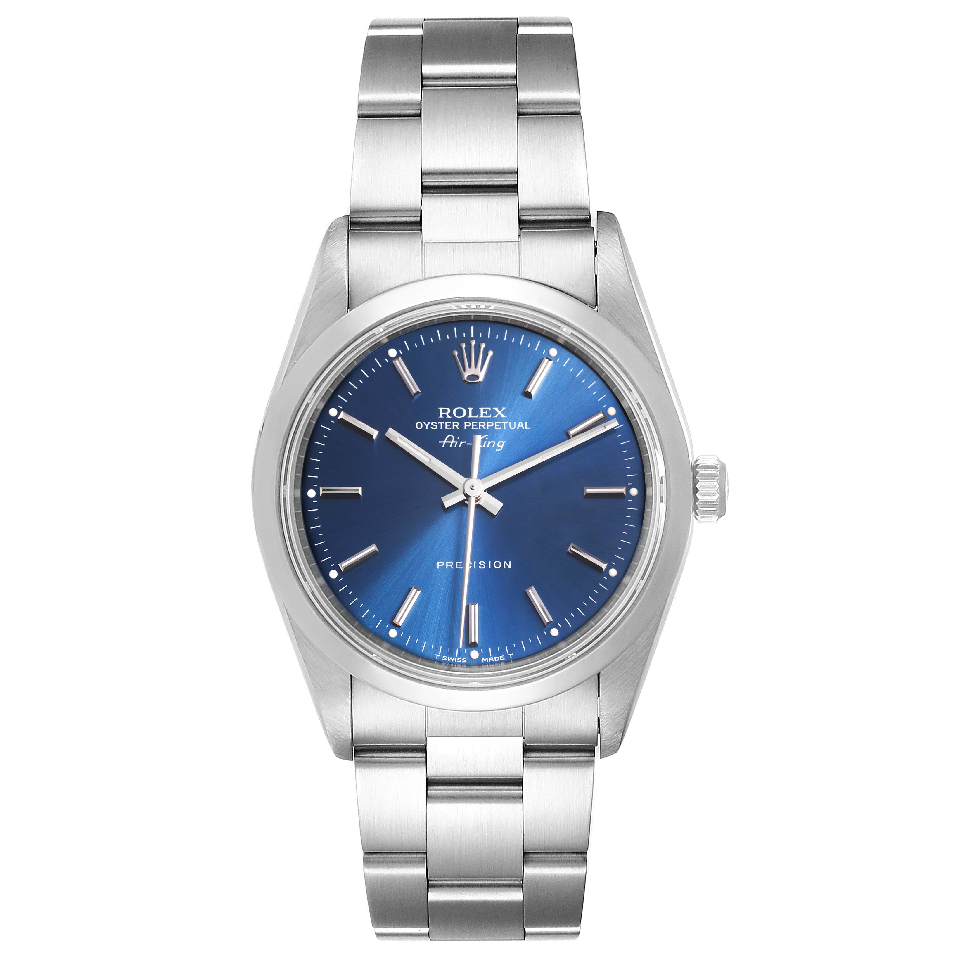 This image shows a Rolex Air-King 14000M Men's Stainless Steel Blue Dial 14000M Men's Stainless Steel Blue Dial watch from a front angle, displaying the face, bezel, crown, and bracelet.