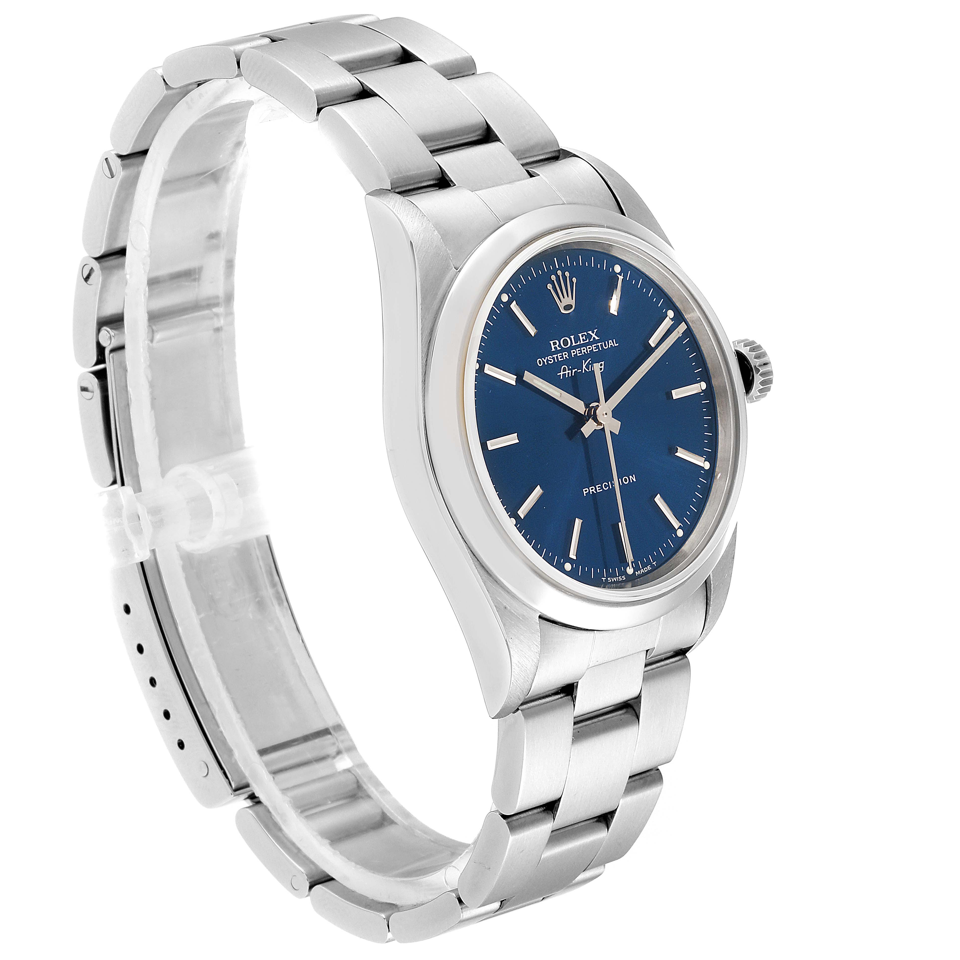 The image shows a Rolex Air-King 14000M Men's Stainless Steel Blue Dial 14000M Men's Stainless Steel Blue Dial watch at an angle displaying the blue dial, crown, and stainless steel bracelet.