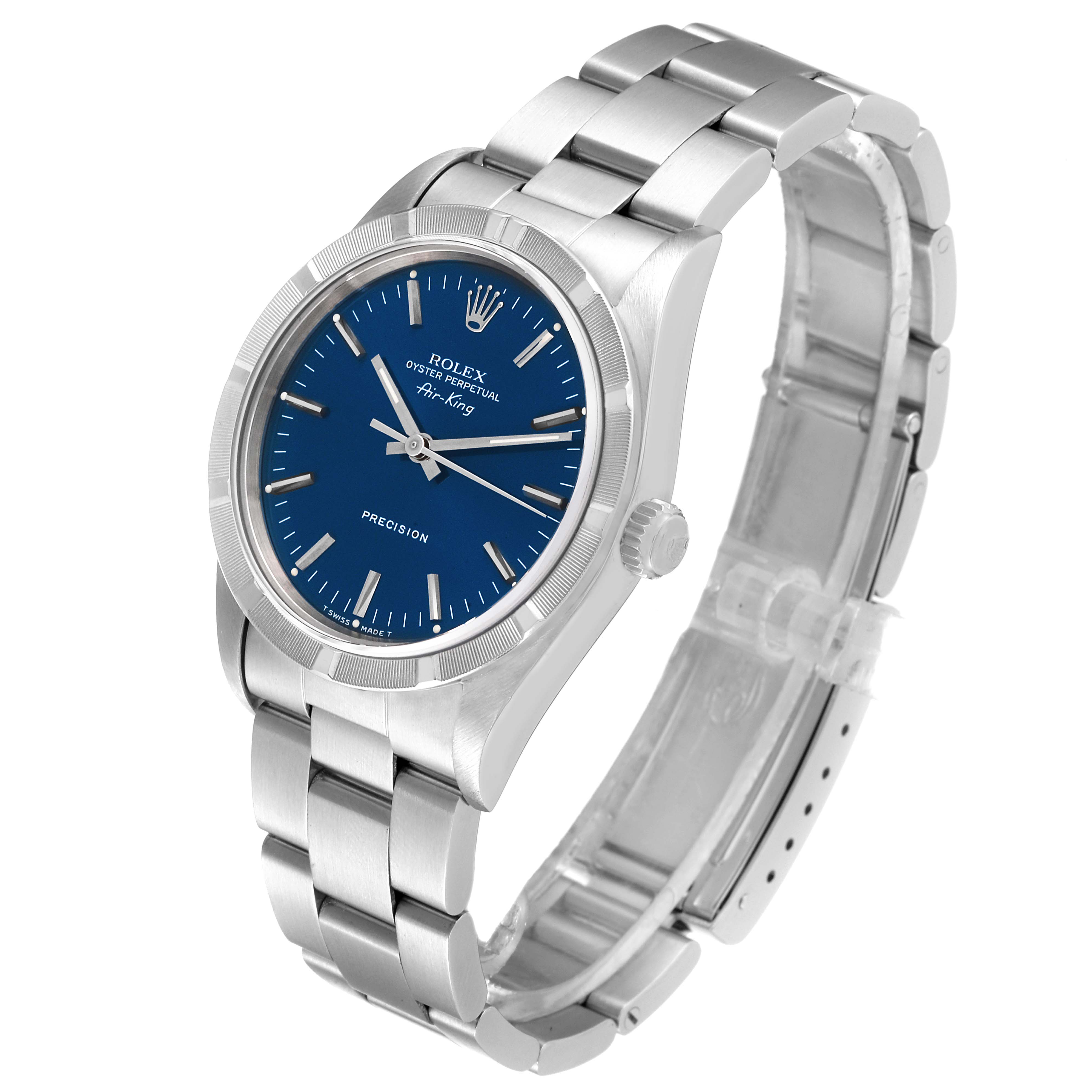 The image shows a Rolex Air-King 14010 Men's Stainless Steel Blue Dial 14010 Men's Stainless Steel Blue Dial watch at an angled side view, highlighting its blue dial, bezel, and stainless steel bracelet.