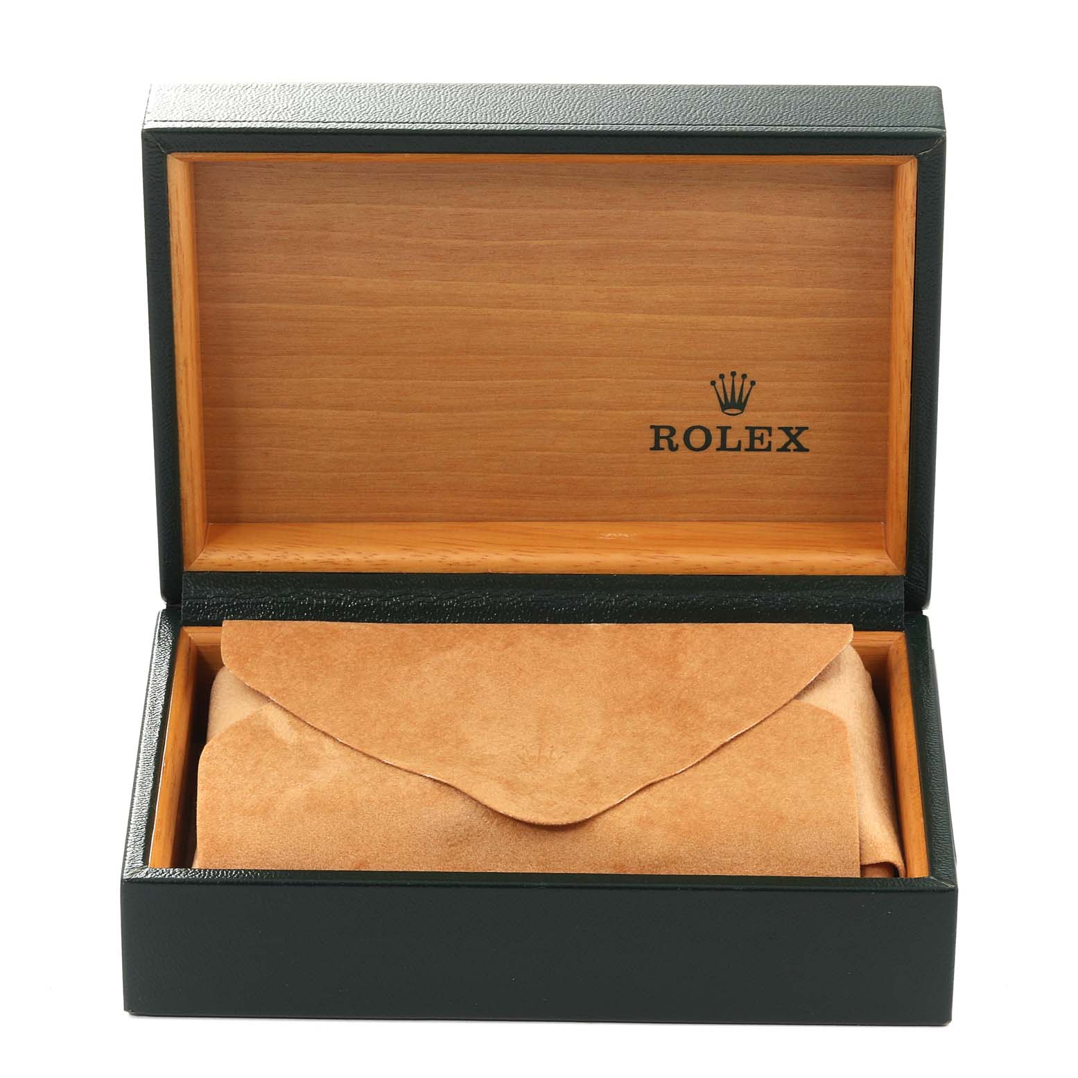 The image shows a Rolex box for the Air-King model, containing a suede pouch, viewed from a front angle with the lid open.