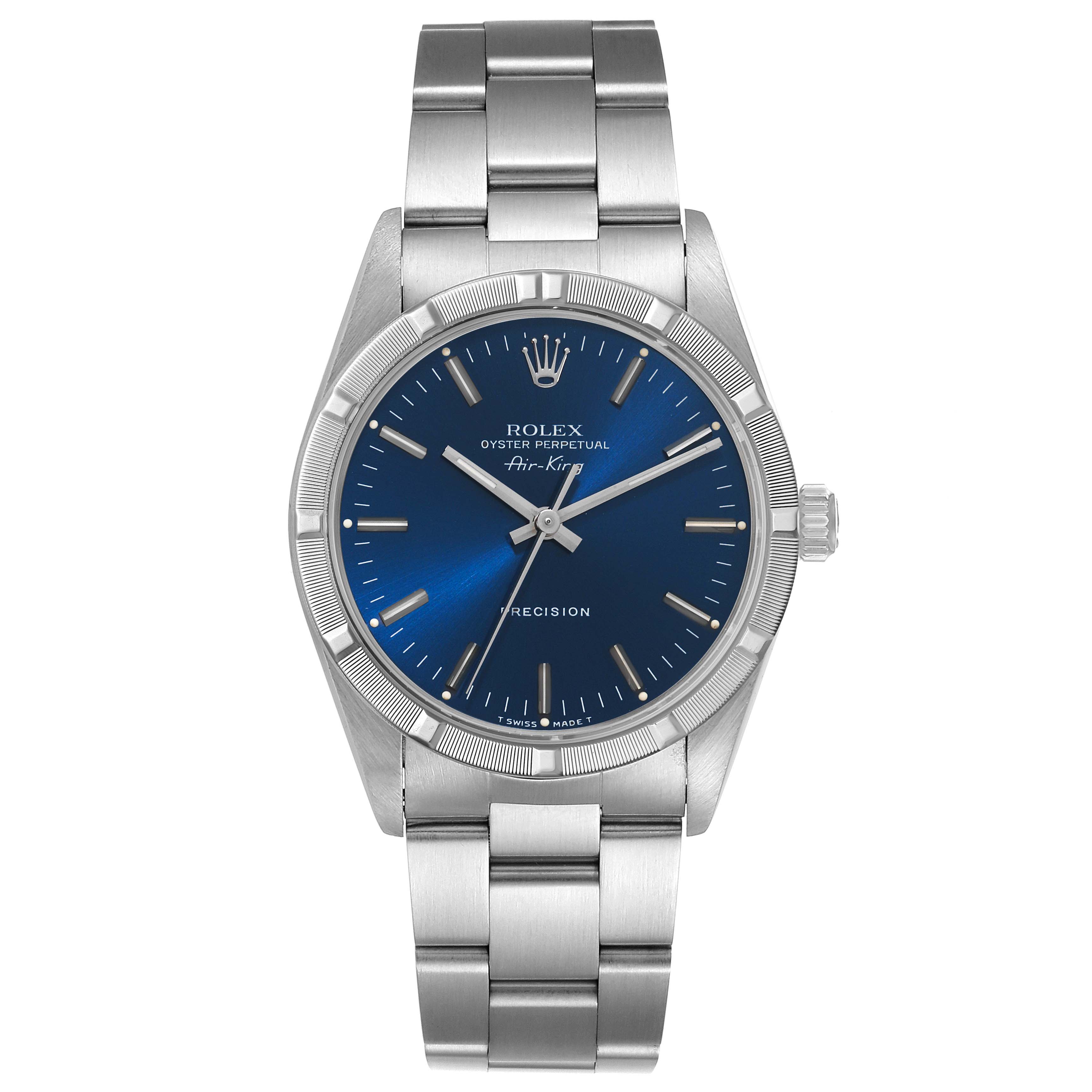 The image shows a front view of a Rolex Air-King 14010 Men's Stainless Steel Blue Dial 14010 Men's Stainless Steel Blue Dial watch, displaying its blue dial, stainless steel bracelet, and crown logo.