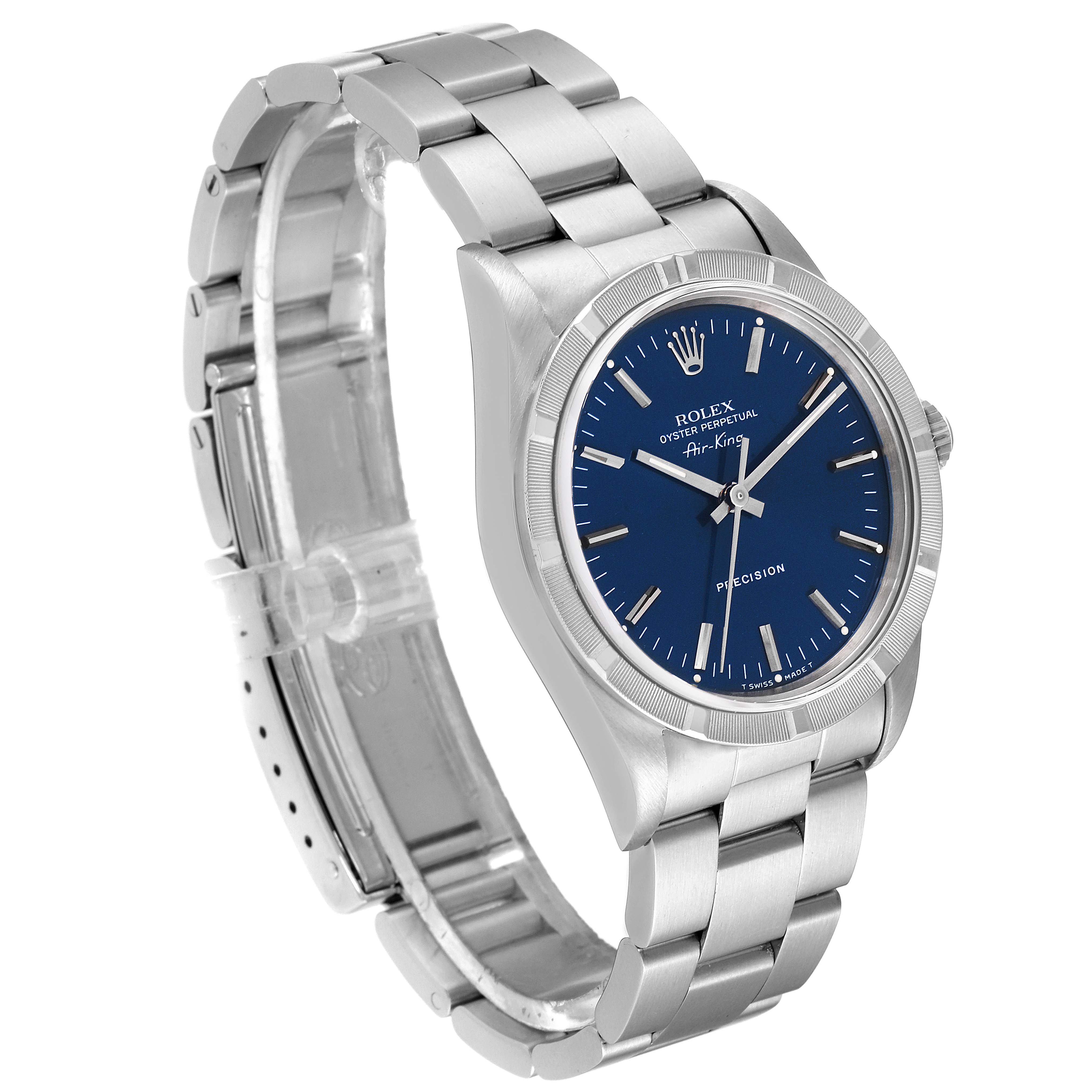 The image shows a side angle view of the Rolex Air-King 14010 Men's Stainless Steel Blue Dial 14010 Men's Stainless Steel Blue Dial watch, highlighting its blue dial and stainless steel bracelet.