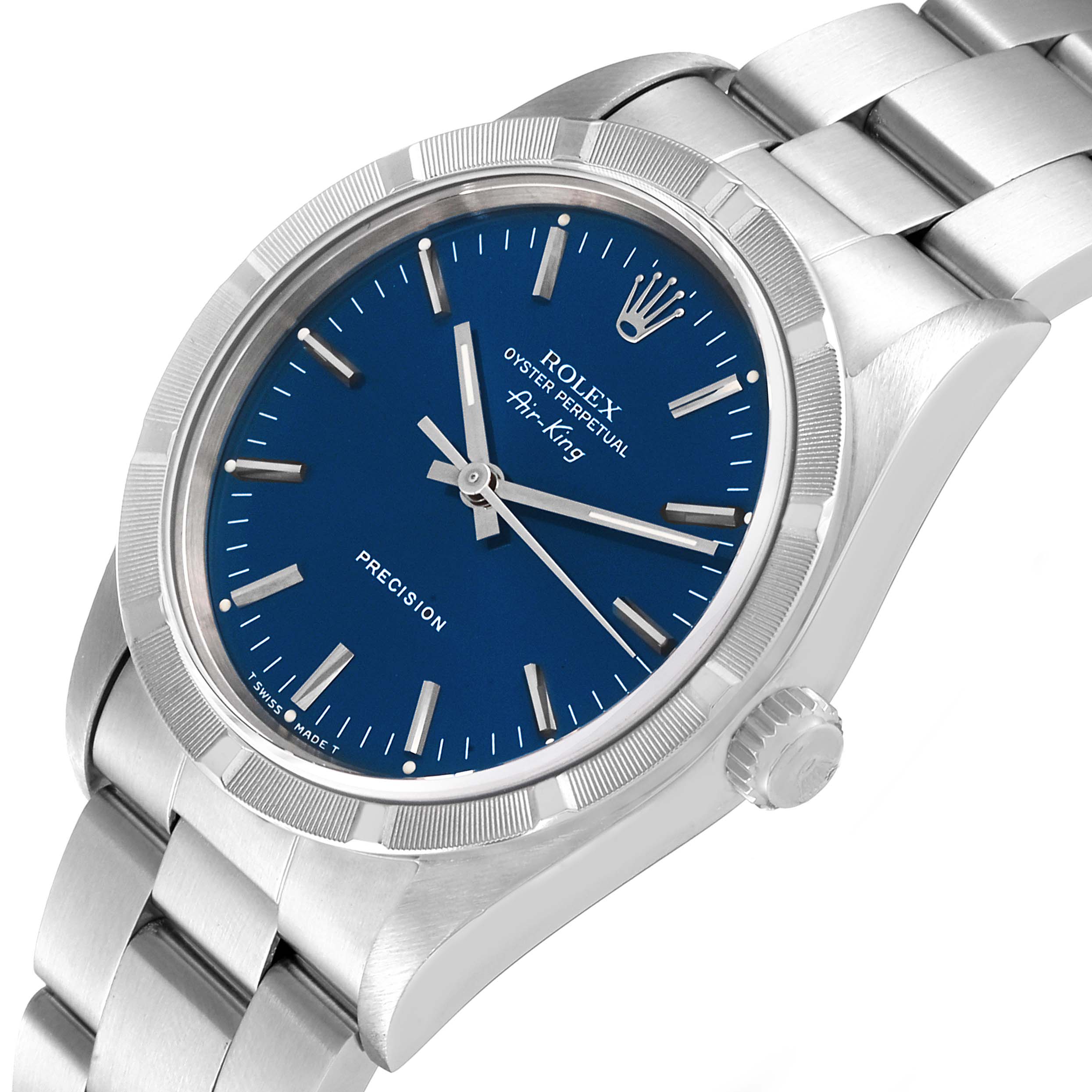 The Rolex Air-King 14010 Men's Stainless Steel Blue Dial 14010 Men's Stainless Steel Blue Dial watch is shown at a slight angle, displaying its blue dial, stainless steel case, bracelet, and crown.