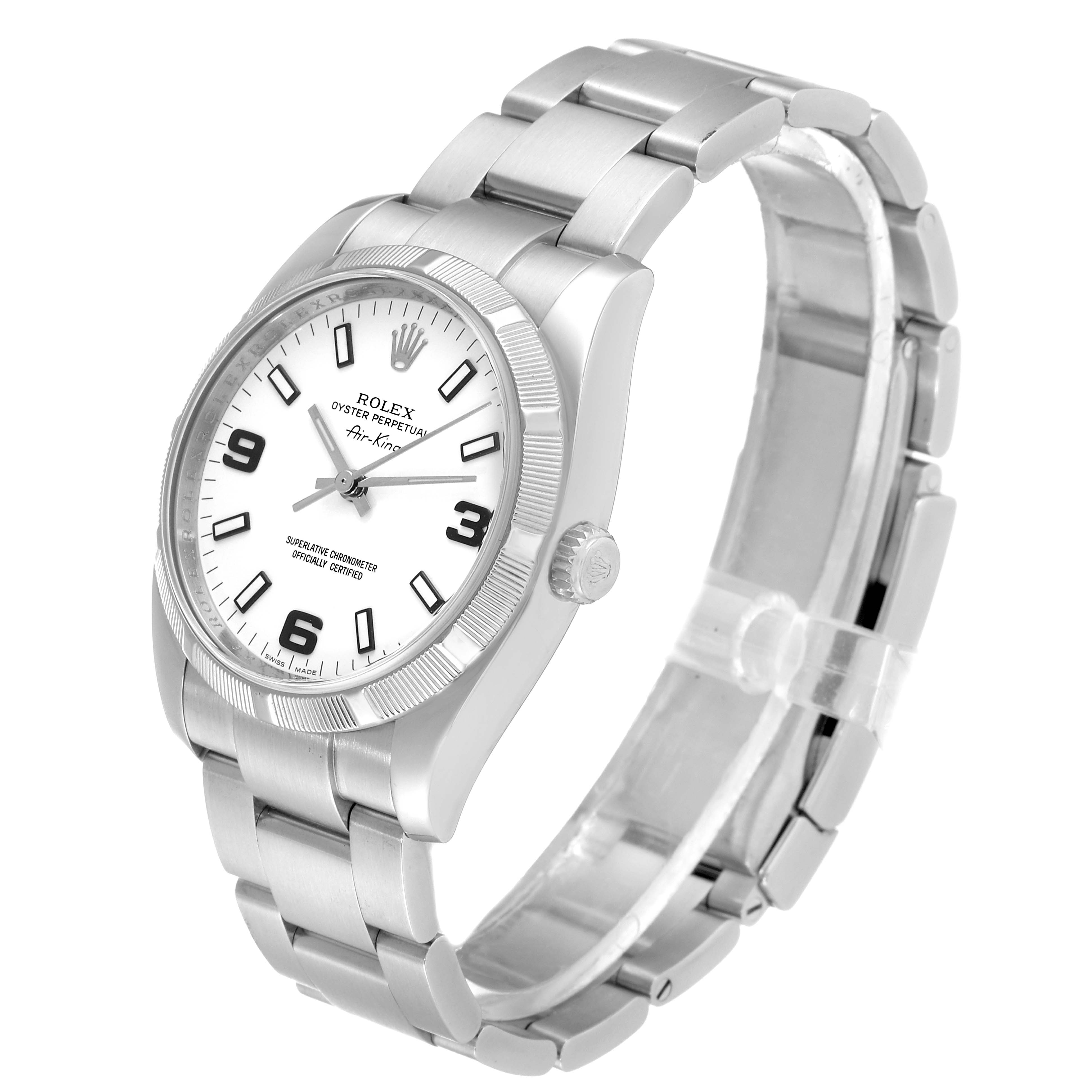 The Rolex Air-King 114210 Men's Stainless Steel White Dial 114210 Men's Stainless Steel White Dial watch is shown at a three-quarter angle, displaying its face, crown, and bracelet.