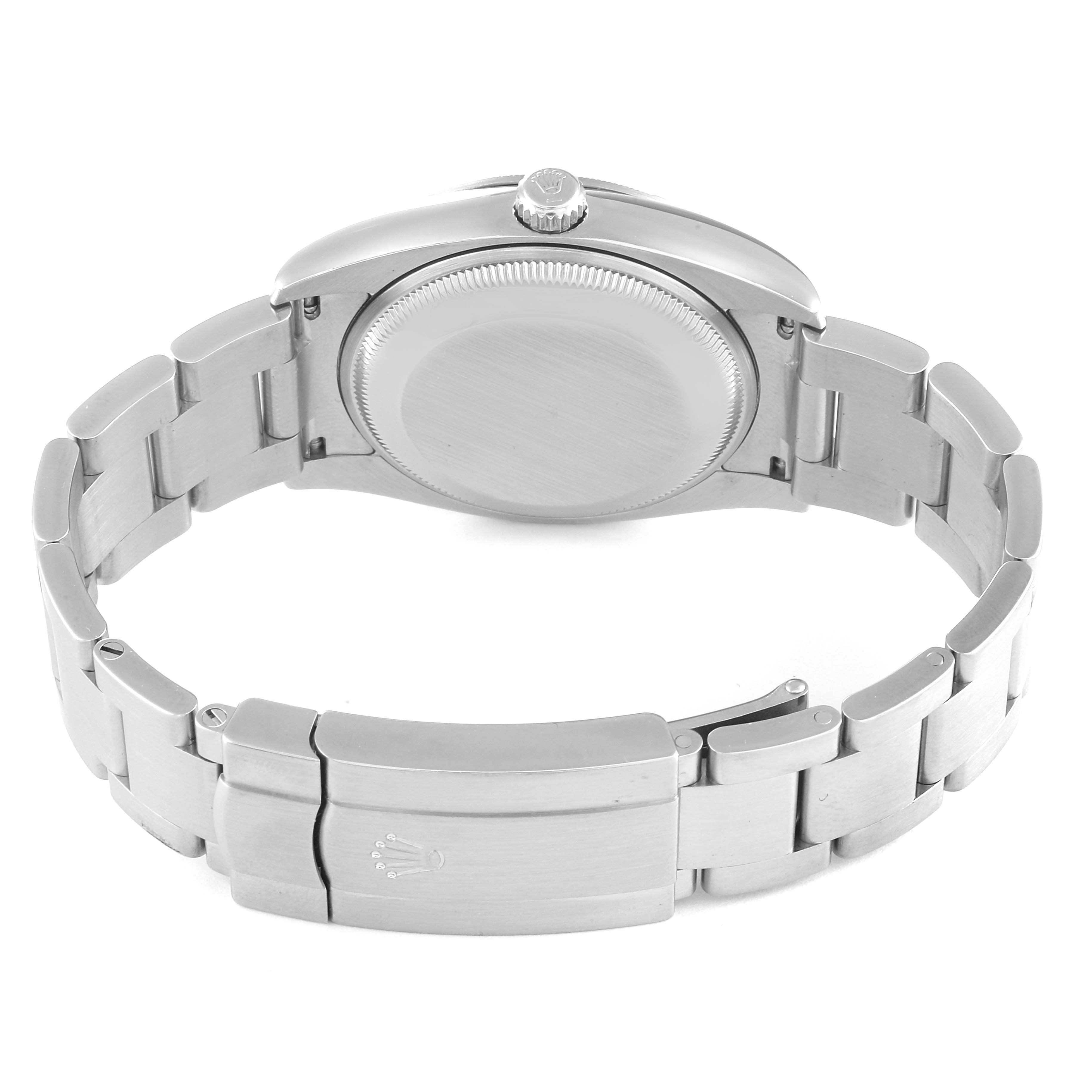 The image shows the back view of a Rolex Air-King 114210 Men's Stainless Steel White Dial 114210 Men's Stainless Steel White Dial watch, highlighting its bracelet, clasp, and case back.