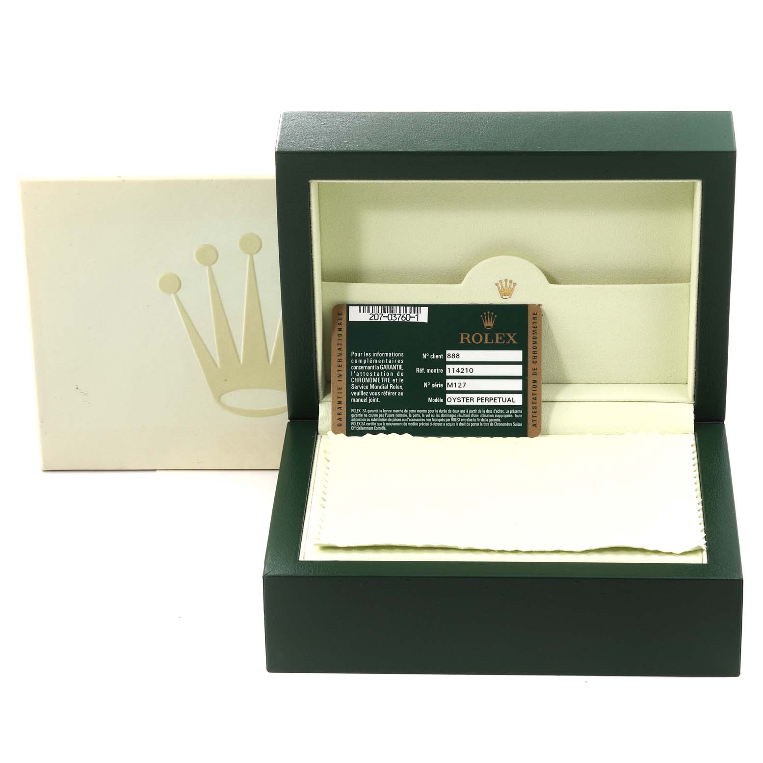 This image shows the open box and certificate card for a Rolex Air-King 114210 Men's Stainless Steel White Dial 114210 Men's Stainless Steel White Dial watch.
