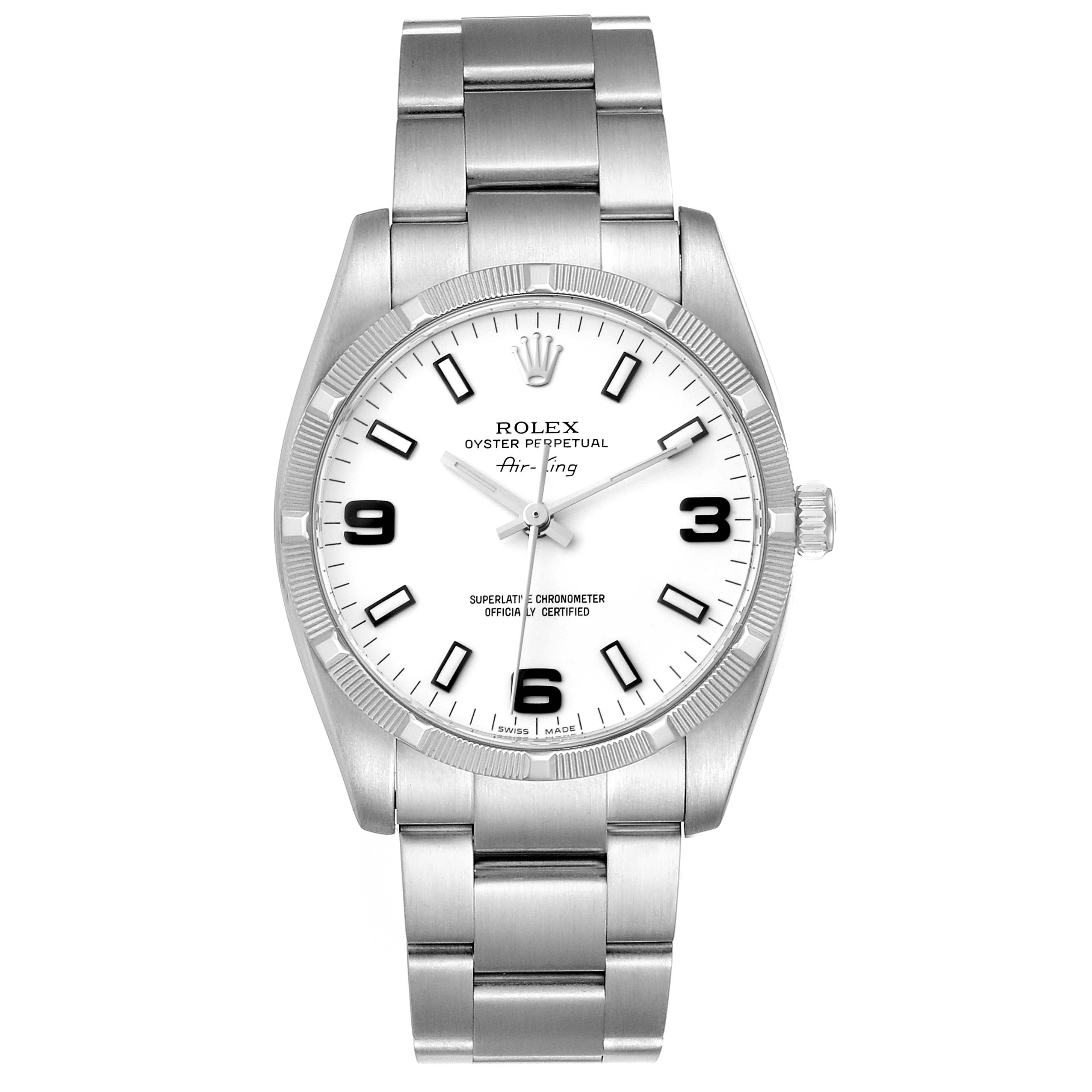 The image shows a front view of a Rolex Air-King 114210 Men's Stainless Steel White Dial 114210 Men's Stainless Steel White Dial watch, highlighting the dial, bezel, crown, and bracelet.
