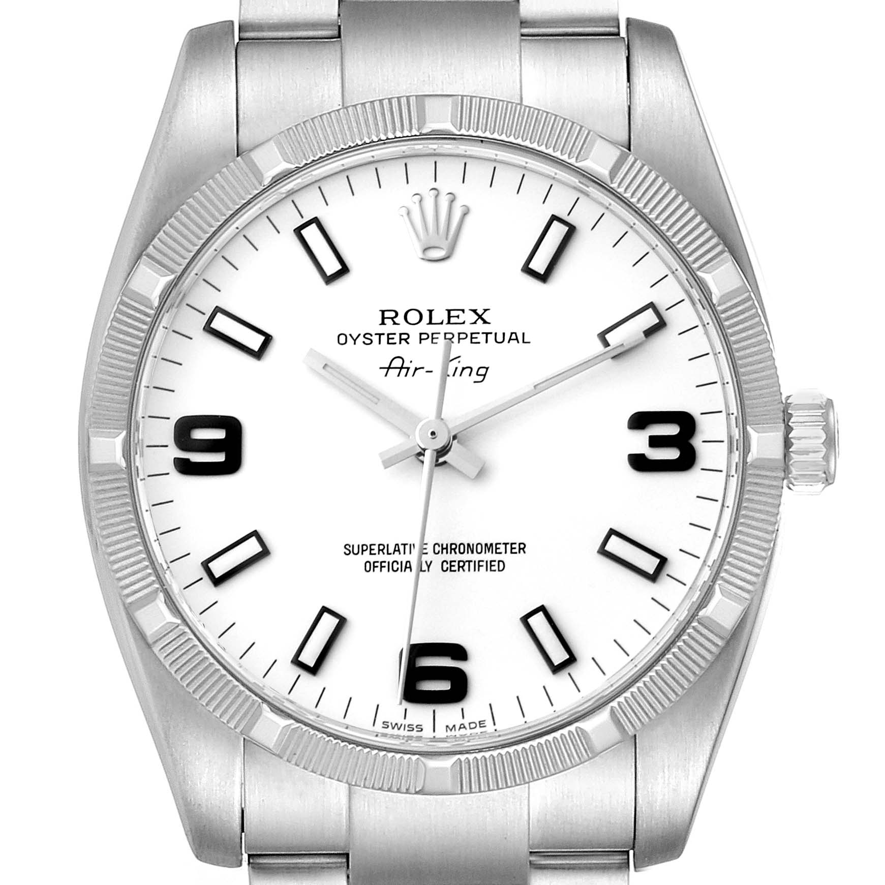 The Rolex Air-King 114210 Men's Stainless Steel White Dial 114210 Men's Stainless Steel White Dial watch is shown from a front angle, displaying its dial, markers, hands, crown, and part of the bracelet.
