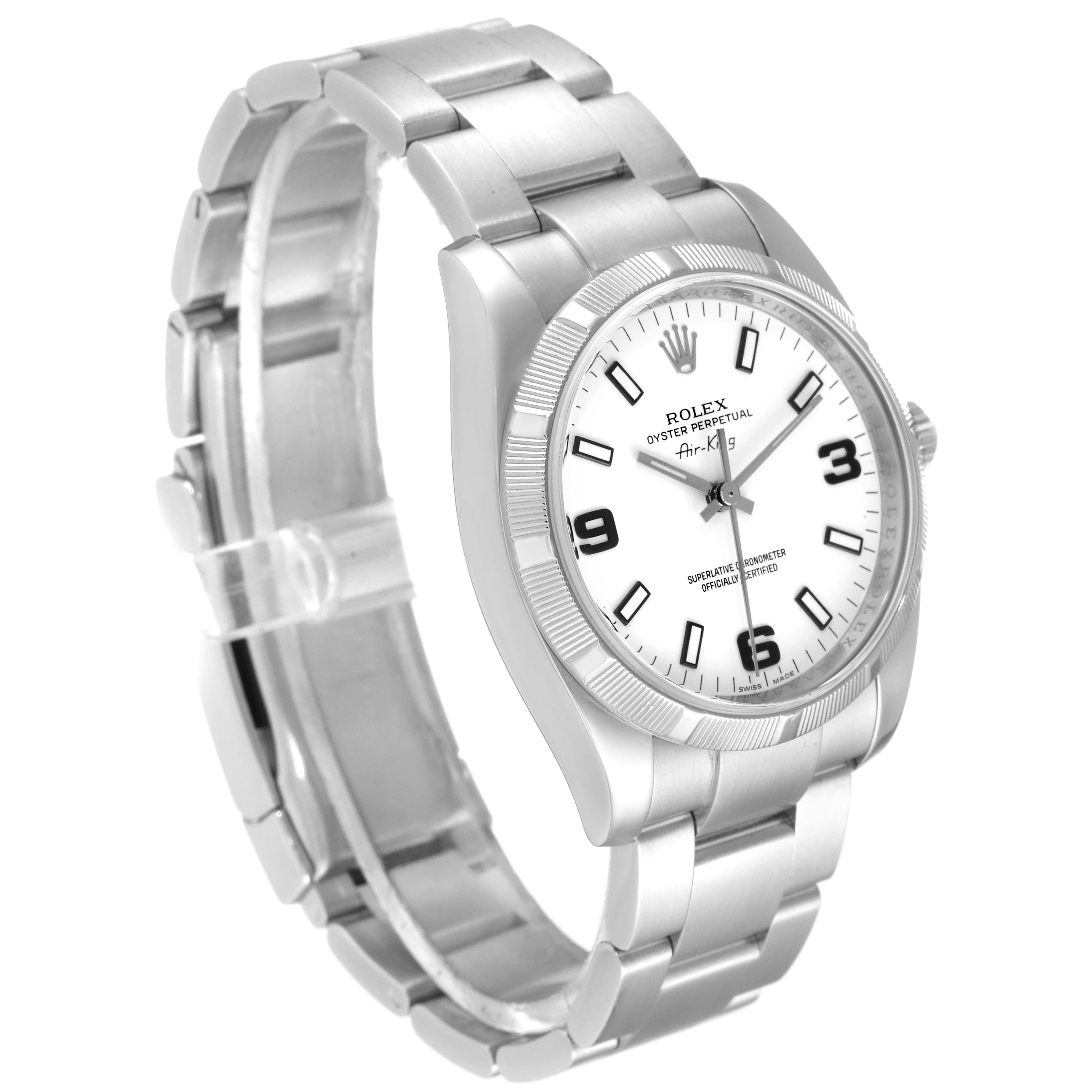 This image shows a Rolex Air-King 114210 Men's Stainless Steel White Dial 114210 Men's Stainless Steel White Dial watch at a slight angle, highlighting its white dial and metal bracelet.