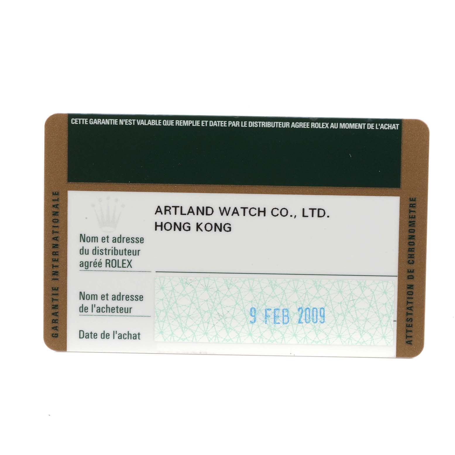 The image shows a warranty card with details for the Rolex Air-King 114210 Men's Stainless Steel White Dial 114210 Men's Stainless Steel White Dial model.