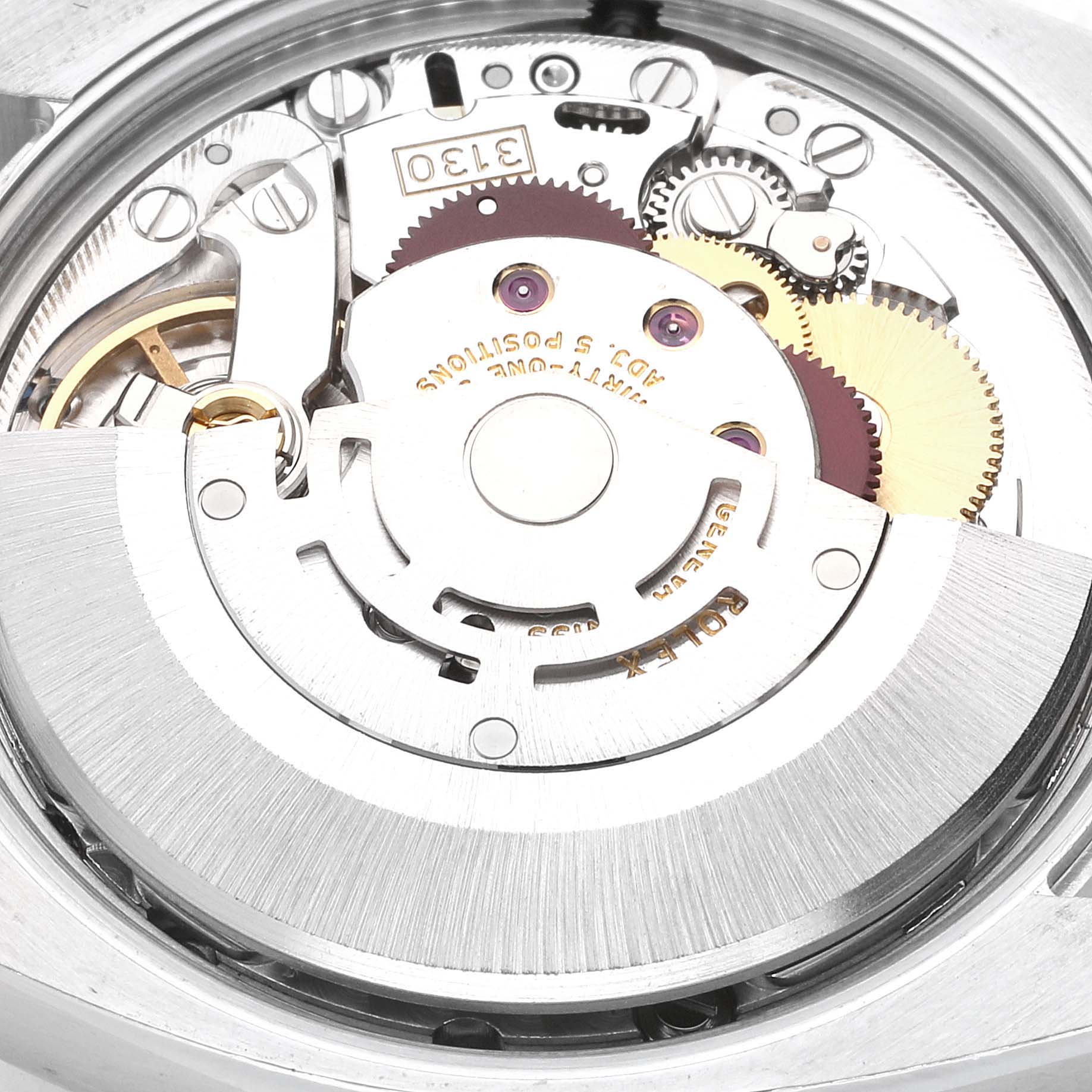 The image shows an up-close view of the inner mechanism of a Rolex Air-King 114210 Men's Stainless Steel White Dial 114210 Men's Stainless Steel White Dial watch, highlighting gears and the rotor.