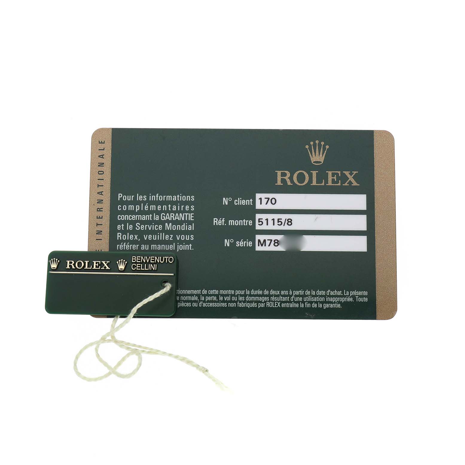 The image shows a green and gold Rolex Cellini 5115/8 Men's Yellow Gold White Dial tag and warranty card with client, watch, and series numbers visible.