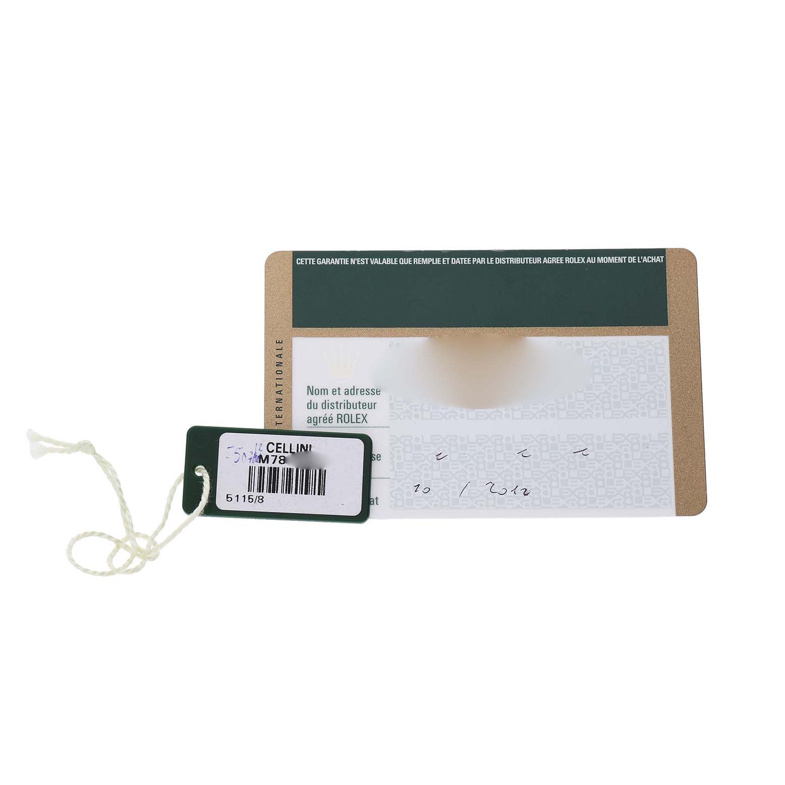 The image shows a warranty card and hang tag for the Rolex Cellini 5115/8 Men's Yellow Gold White Dial, viewed from the top.