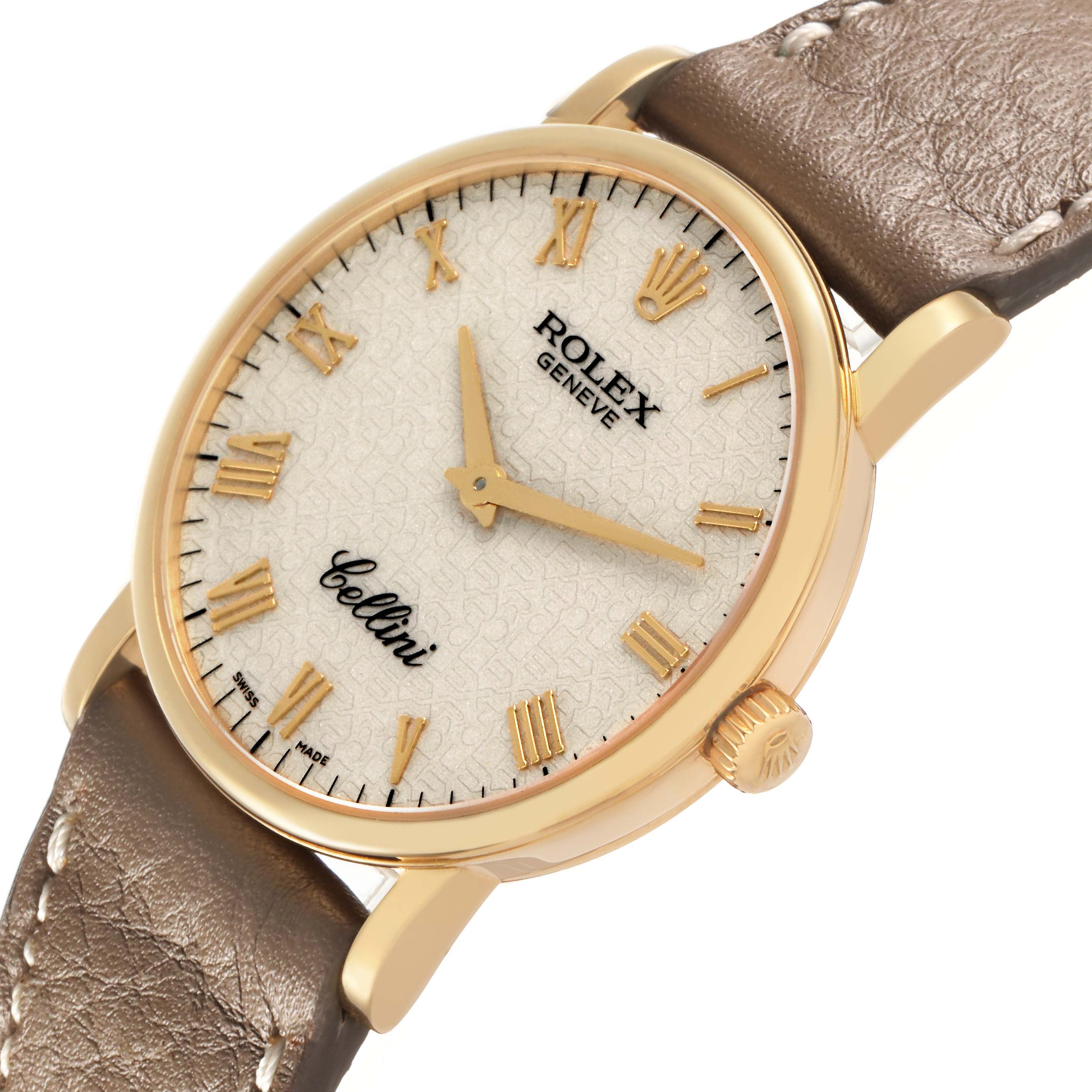 The image shows a Rolex Cellini 5115/8 Men's Yellow Gold White Dial watch at a slight side angle, displaying the dial, crown, and brown leather strap.