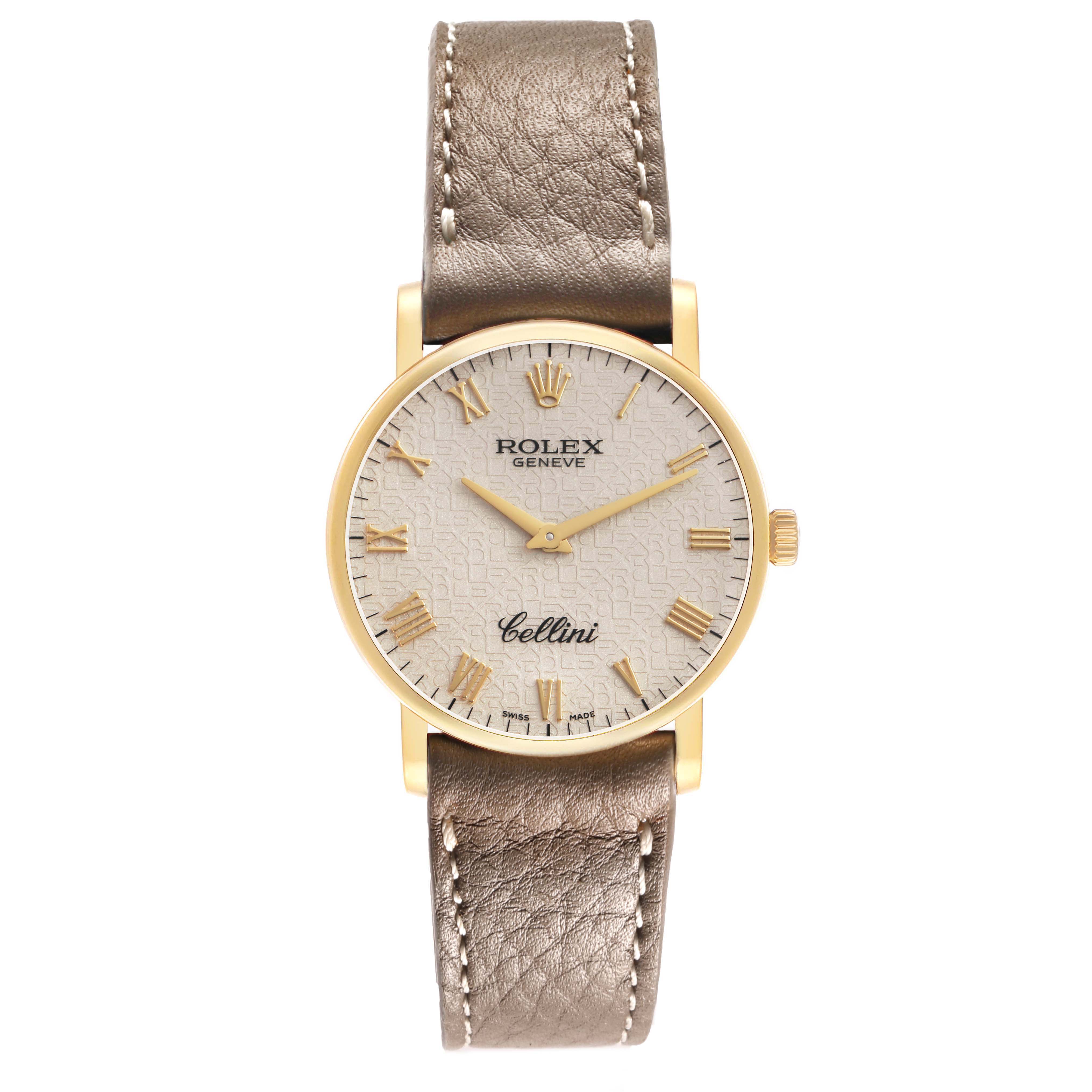 The Rolex Cellini 5115/8 Men's Yellow Gold White Dial watch is shown from the front, displaying the dial, case, crown, and leather strap.