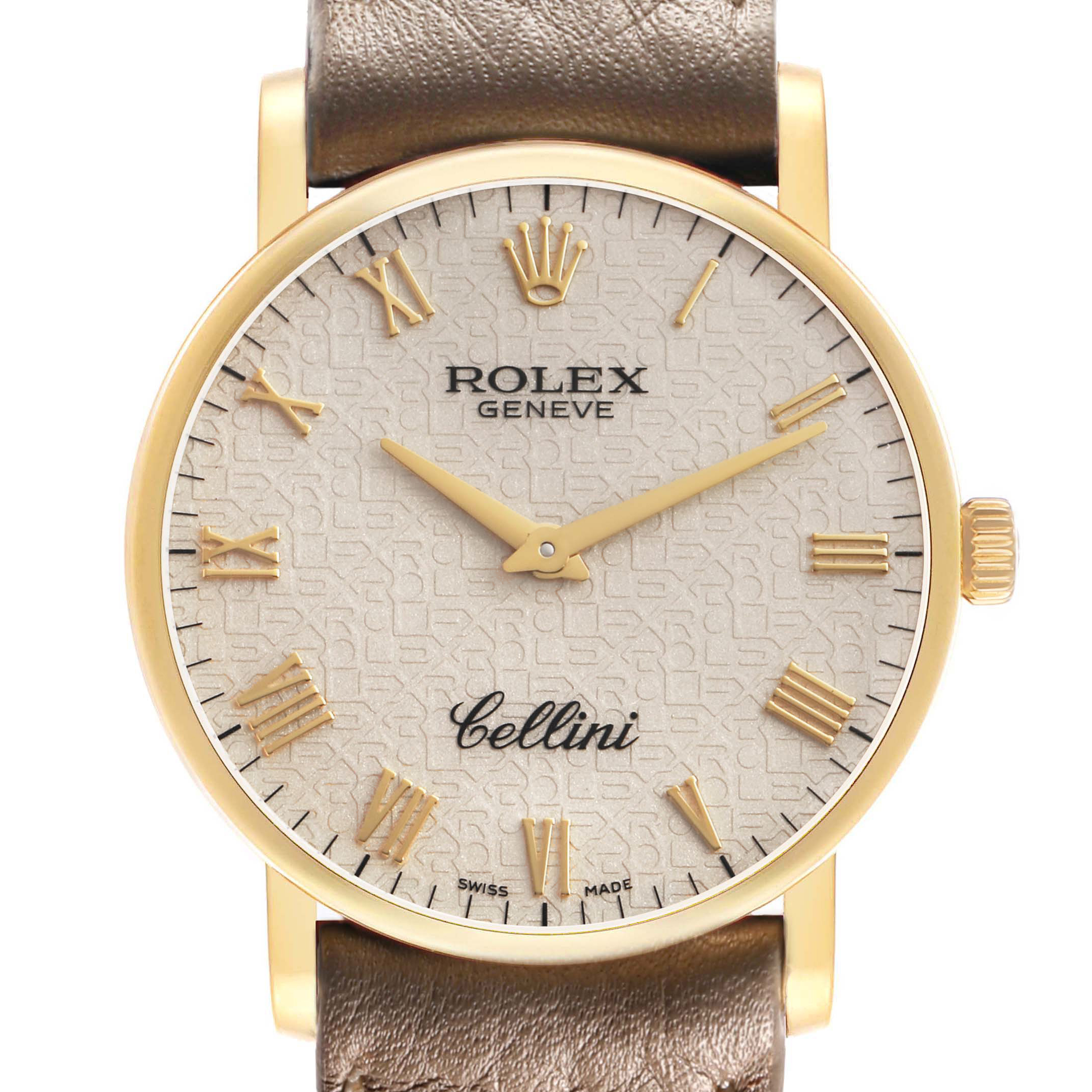 The Rolex Cellini 5115/8 Men's Yellow Gold White Dial watch is shown at a front angle, highlighting its dial, bezel, hands, and crown.