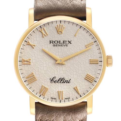 The Rolex Cellini 5115/8 Men's Yellow Gold White Dial watch is shown from a front view, displaying the face, hands, markers, crown, and part of the leather strap.