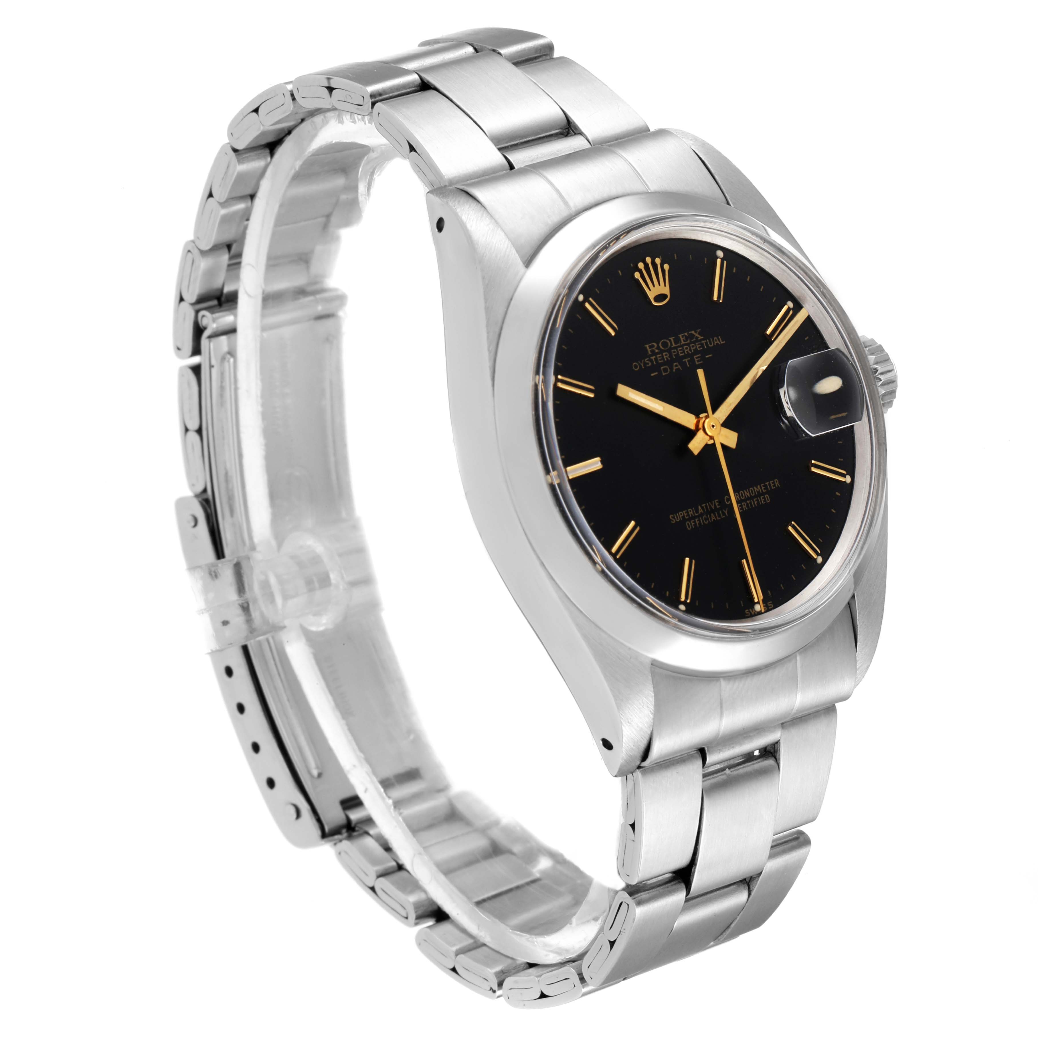 The image shows a side angle of a Rolex Vintage Collection 1500 Men
s Stainless Steel Black Dial 1500 Men
s Stainless Steel Black Dial watch, highlighting the face, bezel, and part of the bracelet.