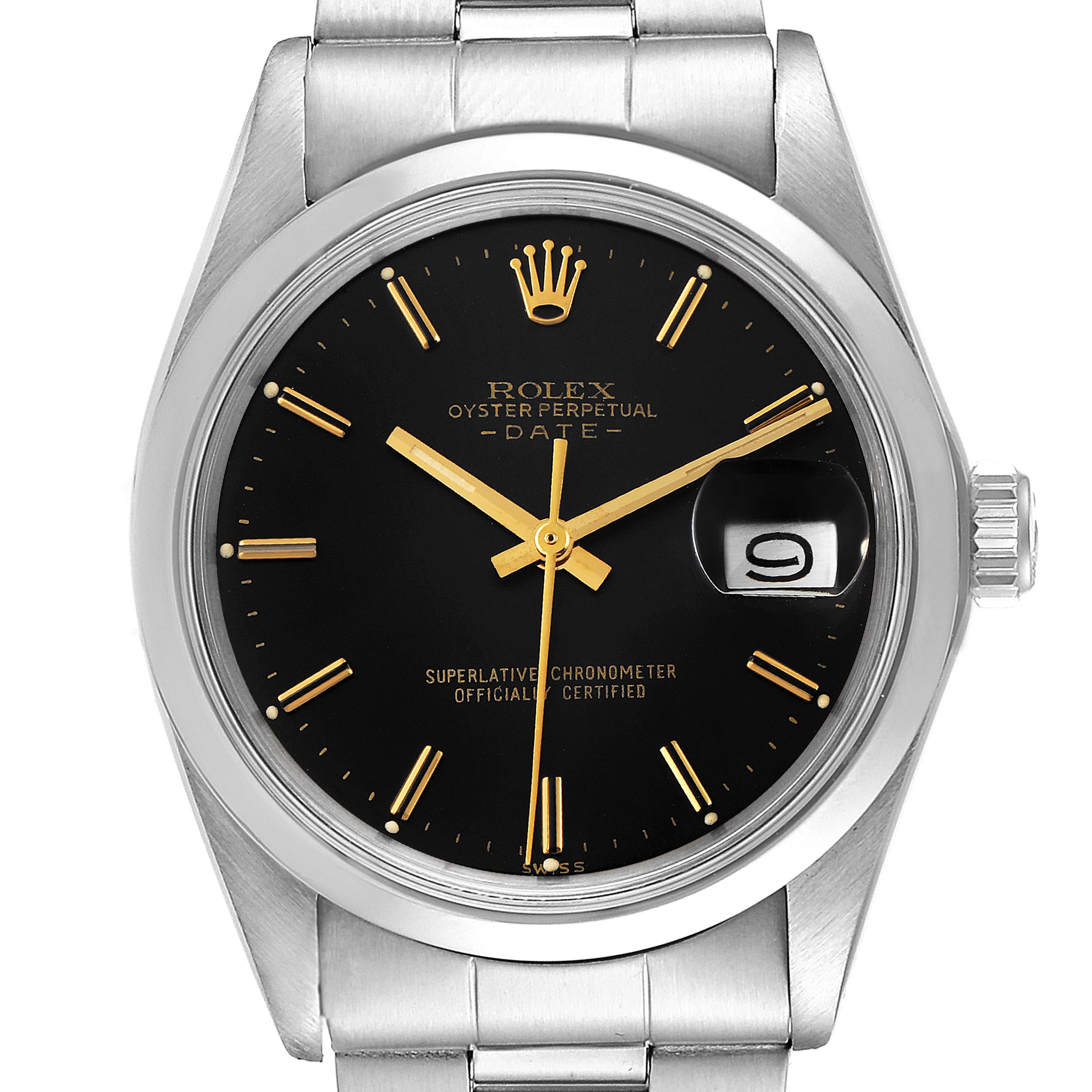 The image shows a front view of the Rolex Vintage Collection 1500 Men
s Stainless Steel Black Dial 1500 Men
s Stainless Steel Black Dial Oyster Perpetual Date watch, highlighting its black dial and silver bracelet.