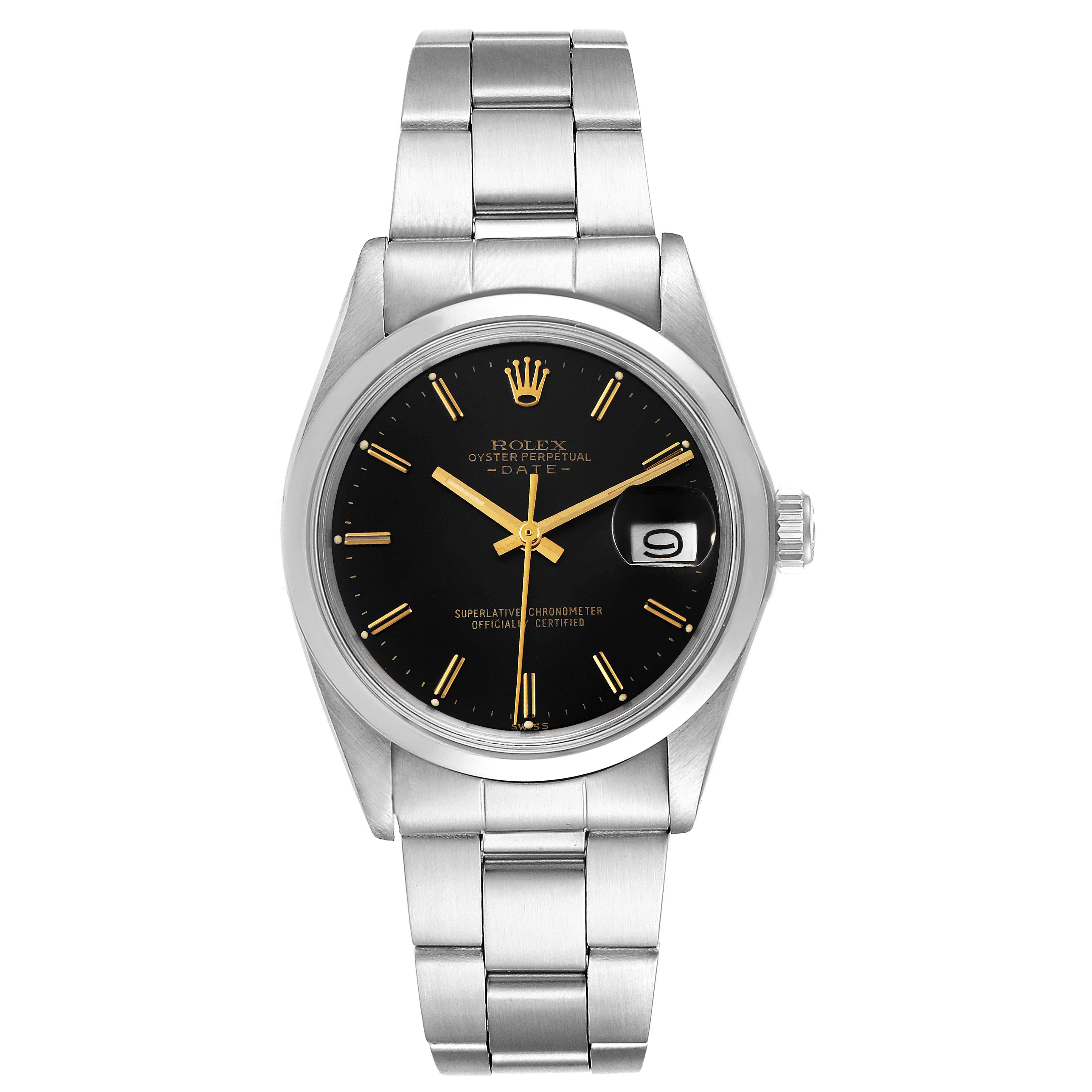 This image shows a front view of the Rolex Vintage Collection 1500 Men
s Stainless Steel Black Dial 1500 Men
s Stainless Steel Black Dial model watch, showcasing its dial, hands, bracelet, and date feature.