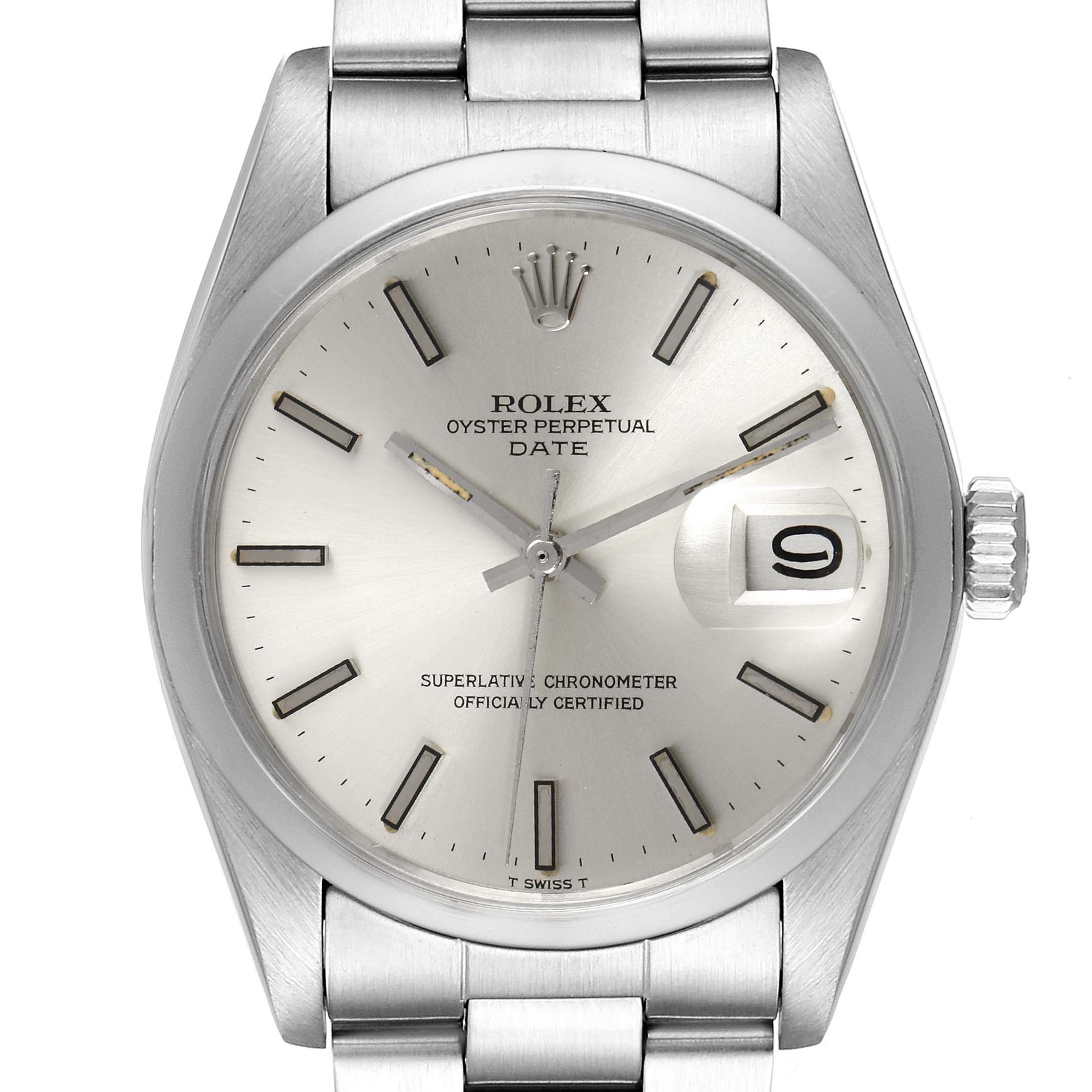 This image shows a frontal view of a Rolex Vintage Collection 1500 Men
s Stainless Steel Silver Dial 1500 Men
s Stainless Steel Silver Dial Oyster Perpetual Date watch.