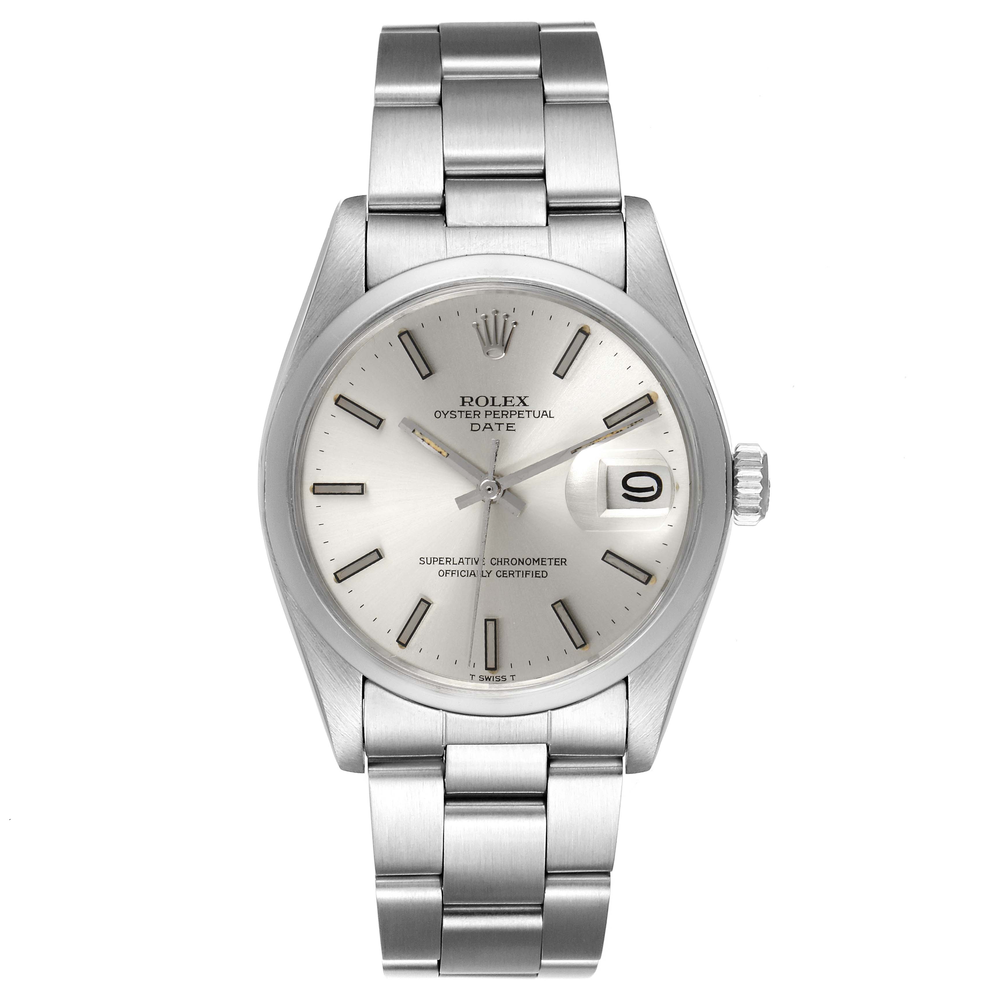 This is a front view of the Rolex Vintage Collection 1500 Men
s Stainless Steel Silver Dial 1500 Men
s Stainless Steel Silver Dial watch, showcasing the dial, bezel, crown, and bracelet.