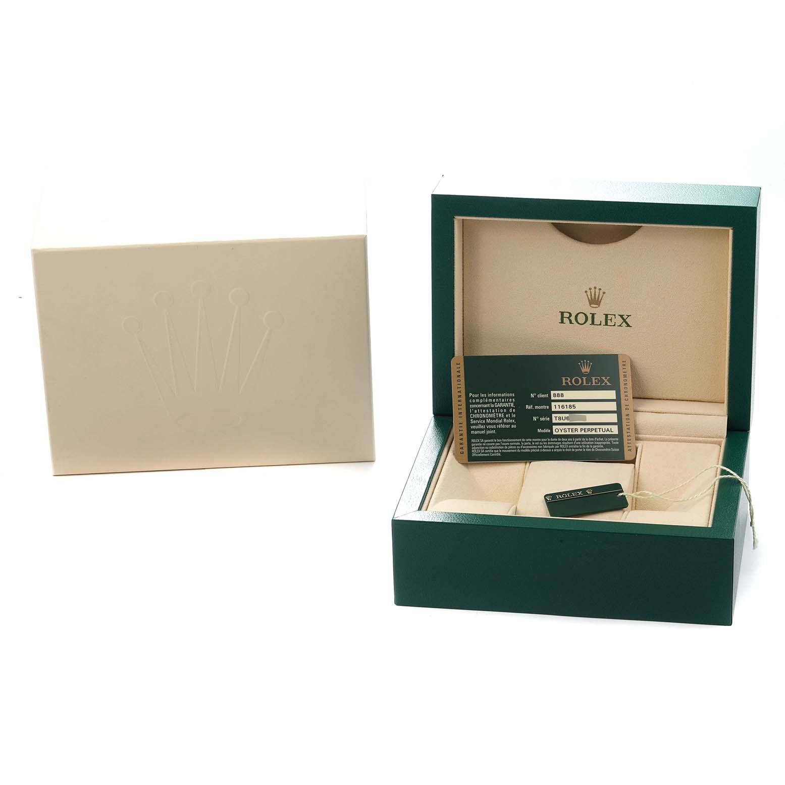 The image shows a Rolex Datejust 116185 Men
s Rose Gold Mother of Pearl Dial box with a warranty card, inner green box, beige outer box, and accessory tag.