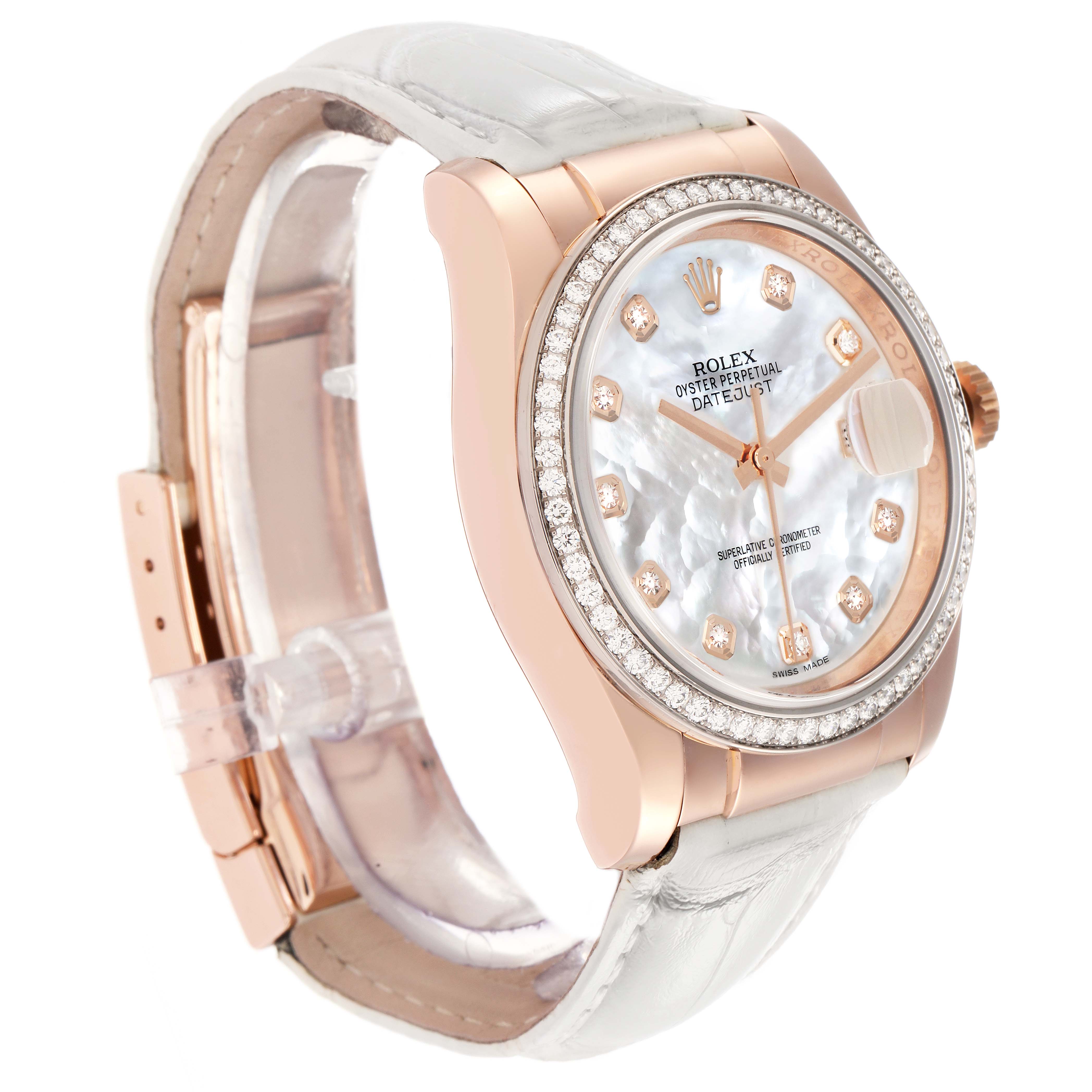 The Rolex Datejust 116185 Men
s Rose Gold Mother of Pearl Dial watch is shown at a slight side angle, highlighting its mother-of-pearl dial, diamond bezel, and leather strap.