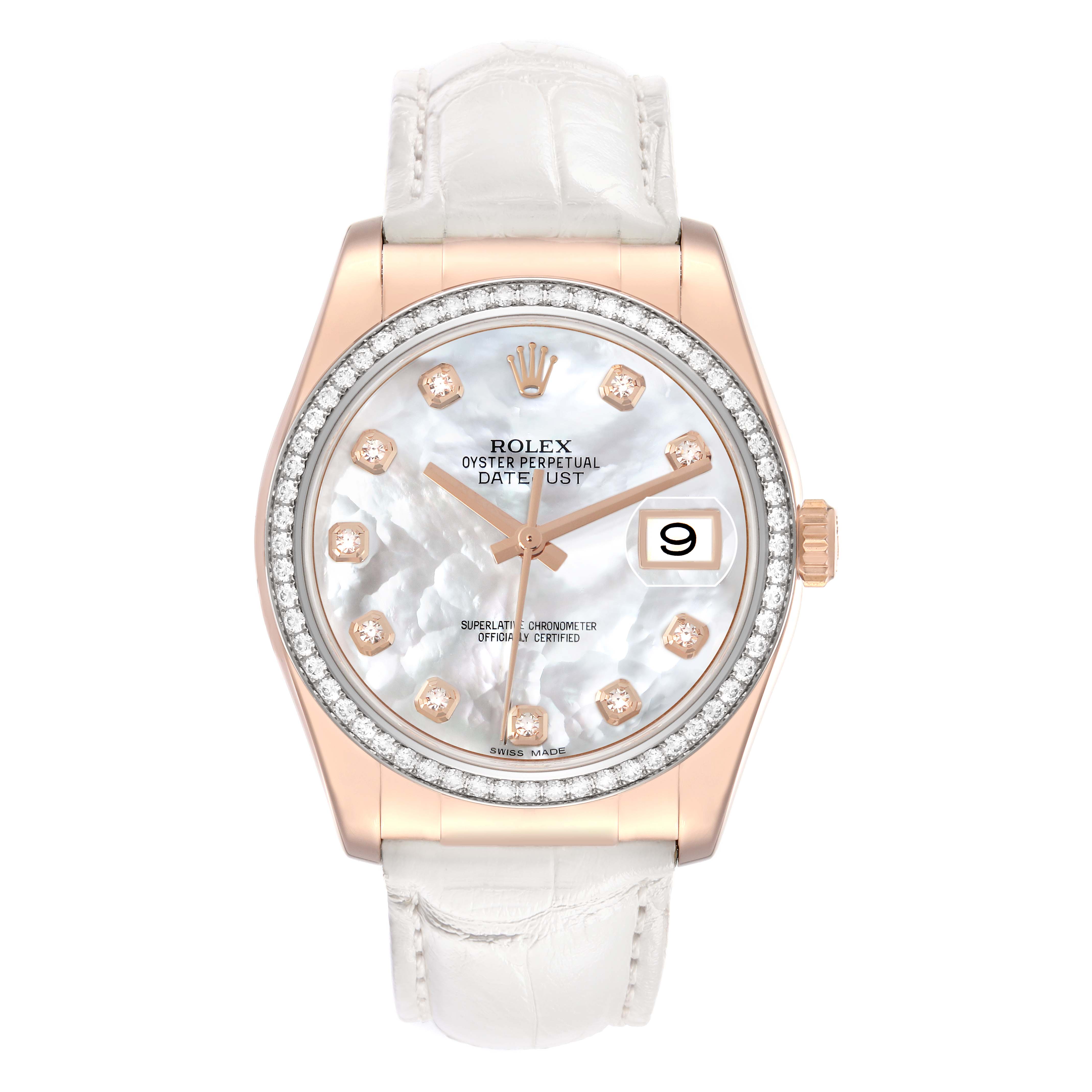 The Rolex Datejust 116185 Men
s Rose Gold Mother of Pearl Dial watch is shown from a front angle, highlighting its dial, bezel, crown, and strap.