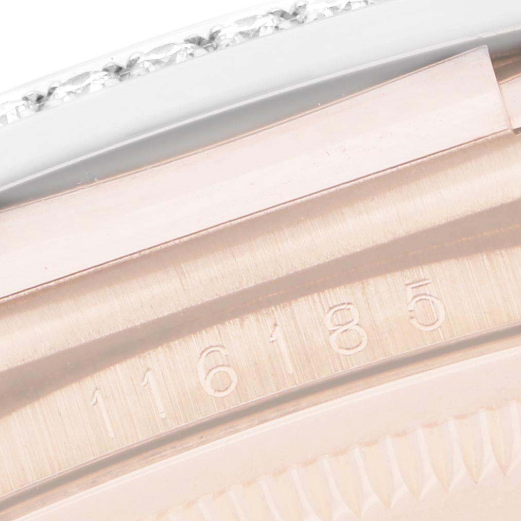 The image shows a close-up of the side of a Rolex Datejust 116185 Men
s Rose Gold Mother of Pearl Dial, focusing on the engraved model number at the case edge.