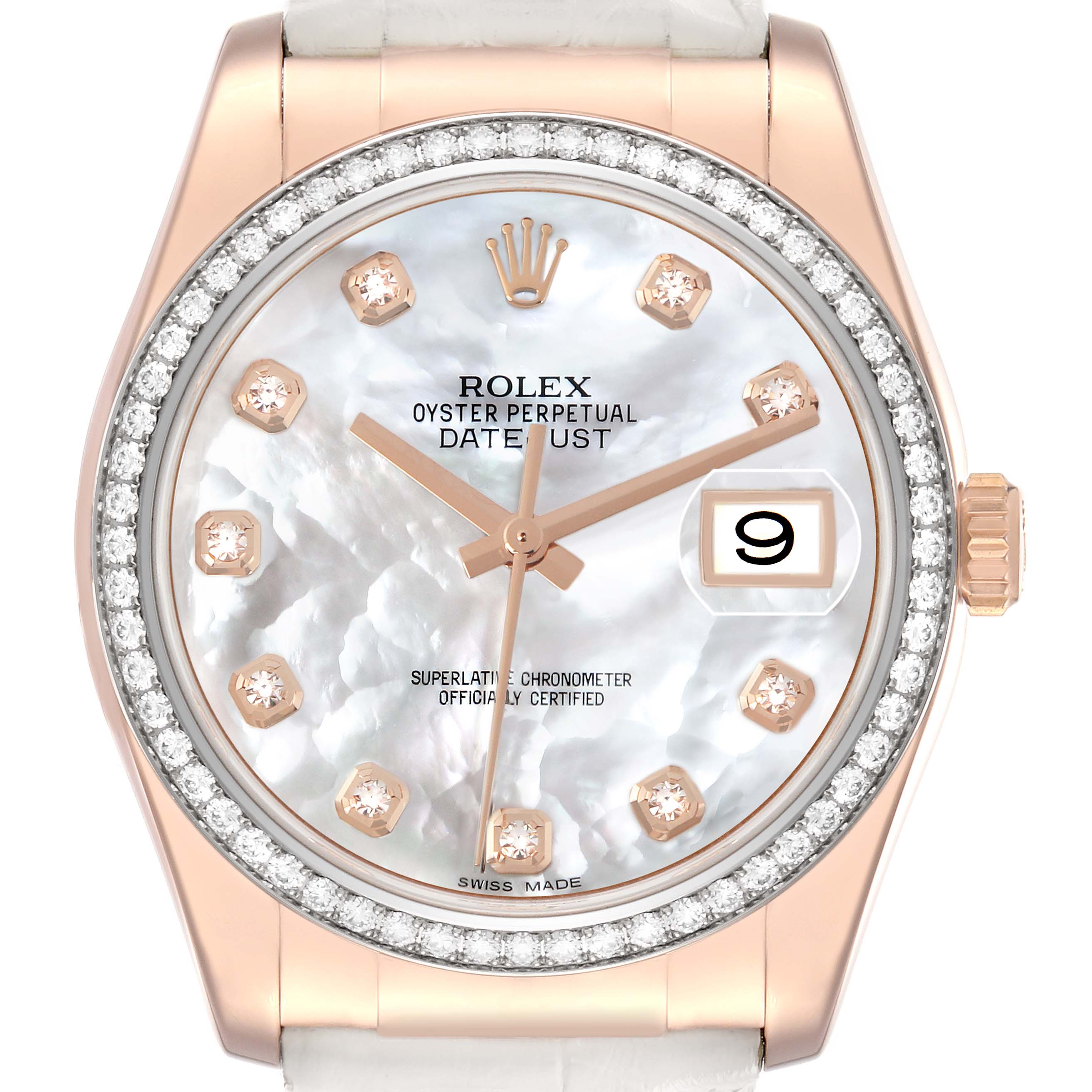The Rolex Datejust 116185 Men
s Rose Gold Mother of Pearl Dial watch is shown from a front view, highlighting its dial, bezel, and crown.