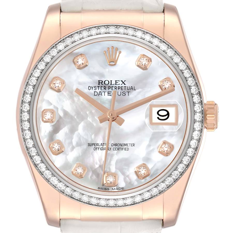 The Rolex Datejust model 116185 is shown from the front, highlighting the diamond bezel, mother-of-pearl dial, rose gold hands, and date window at 3 o'clock.