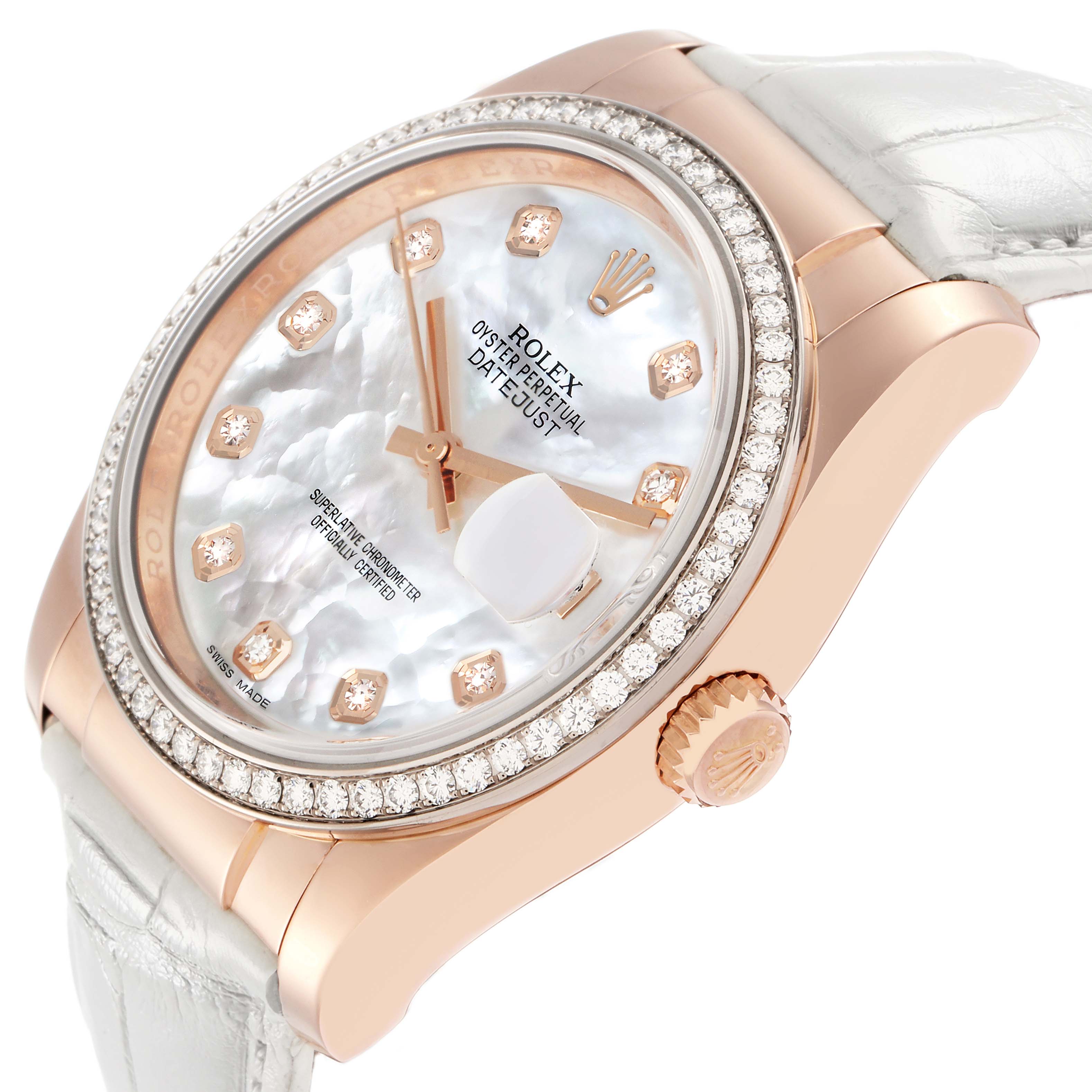The Rolex Datejust 116185 Men
s Rose Gold Mother of Pearl Dial watch is shown at an angled view, highlighting the case, dial, diamond bezel, and crown.