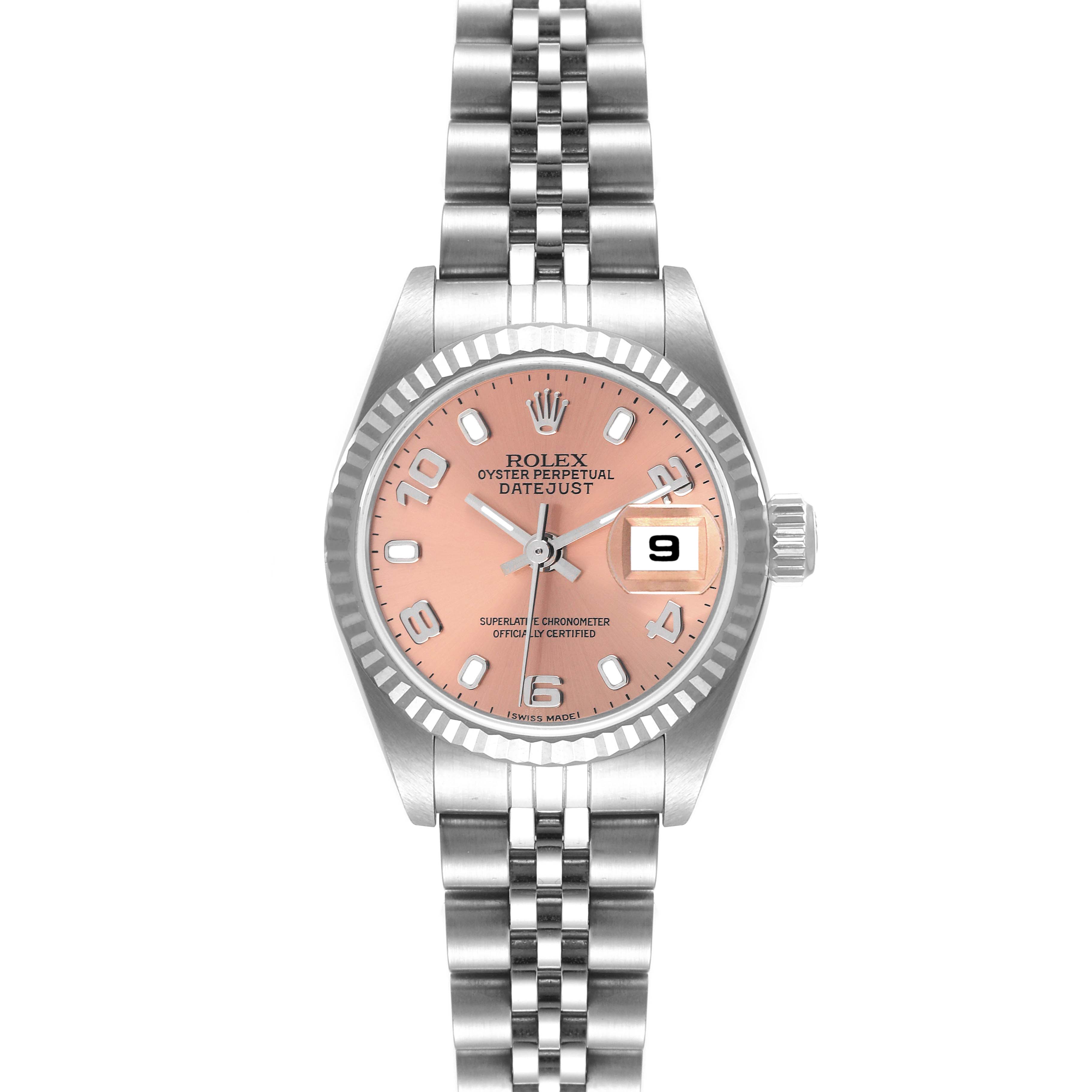 The image shows a front view of a Rolex Datejust 79174 Women
s Stainless Steel Pink Dial 79174 Women
s Stainless Steel Pink Dial watch displaying its face, bezel, case, crown, and bracelet.
