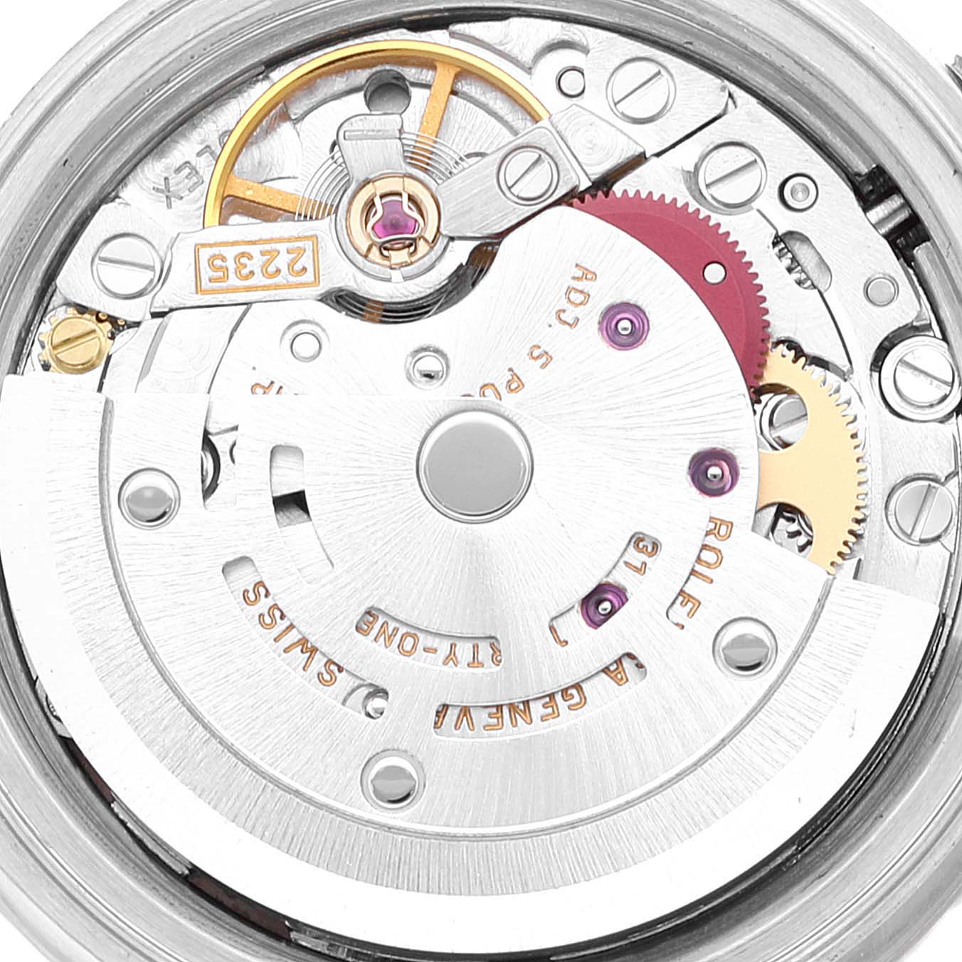 This image shows the movement mechanism from the back of a Rolex Datejust 79174 Women
s Stainless Steel Pink Dial 79174 Women
s Stainless Steel Pink Dial watch.