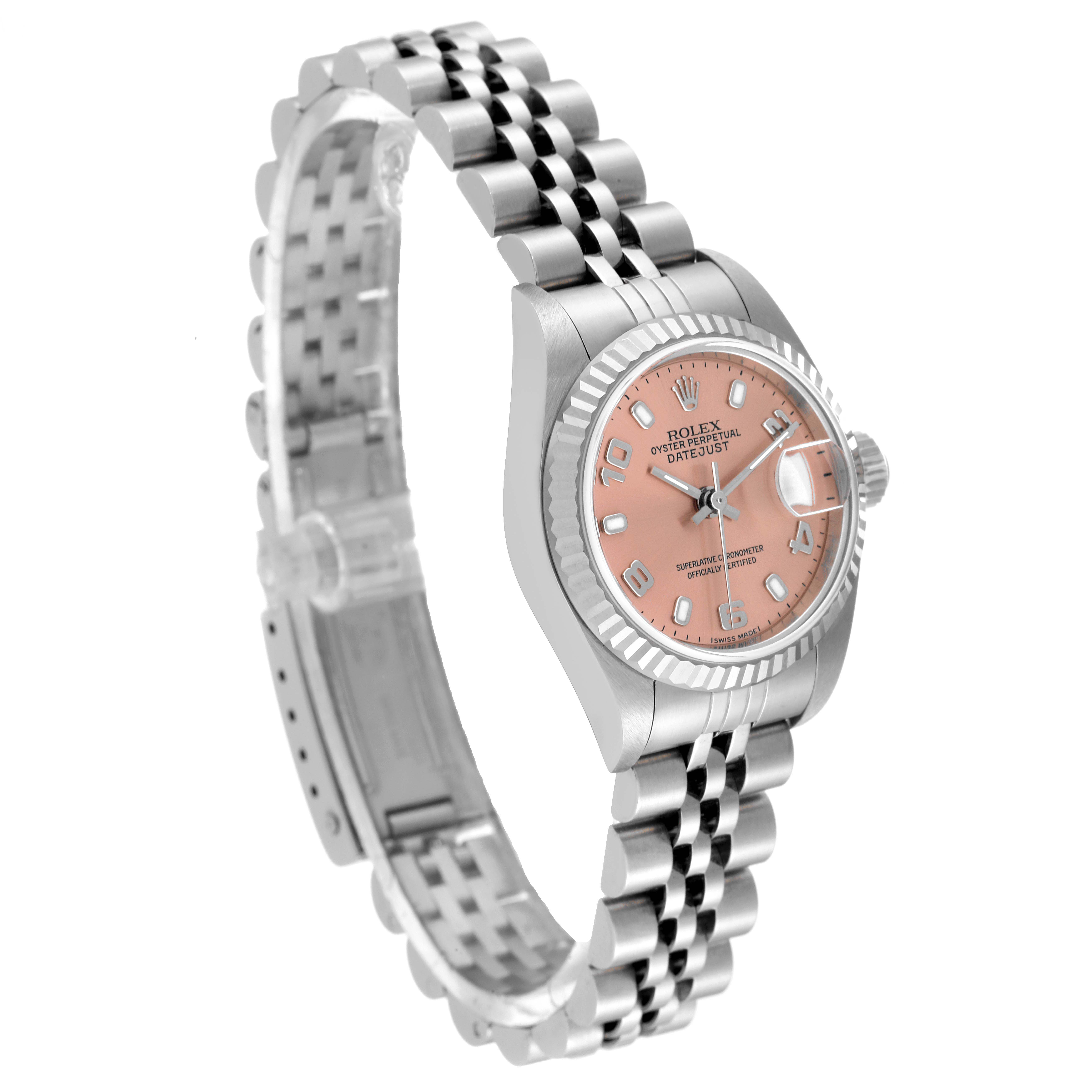 The image shows a side view of a Rolex Datejust 79174 Women
s Stainless Steel Pink Dial 79174 Women
s Stainless Steel Pink Dial watch highlighting its dial, case, and bracelet.