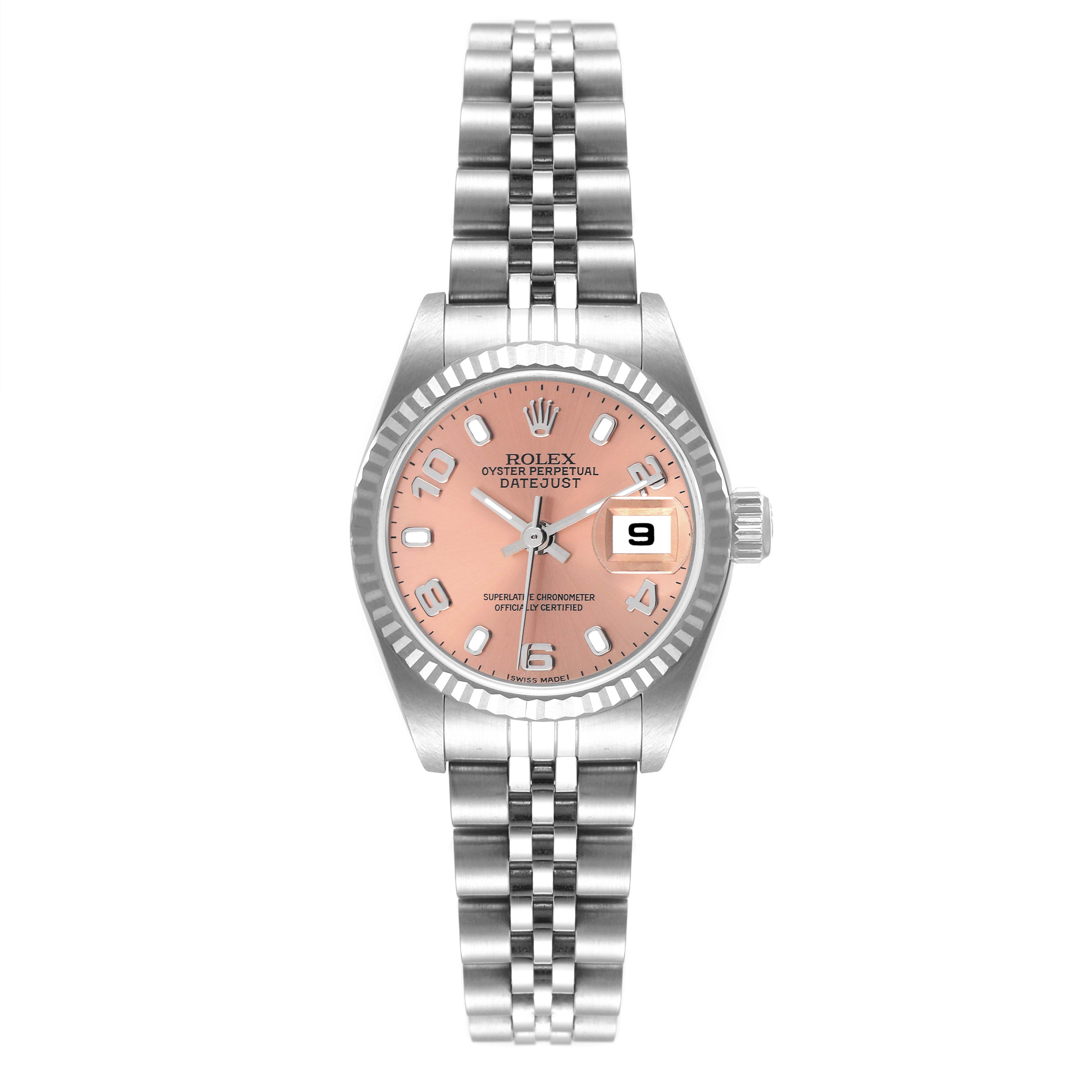 The image shows a Rolex Datejust 79174 Women
s Stainless Steel Pink Dial 79174 Women
s Stainless Steel Pink Dial watch from a front view highlighting its face, bezel, and bracelet.