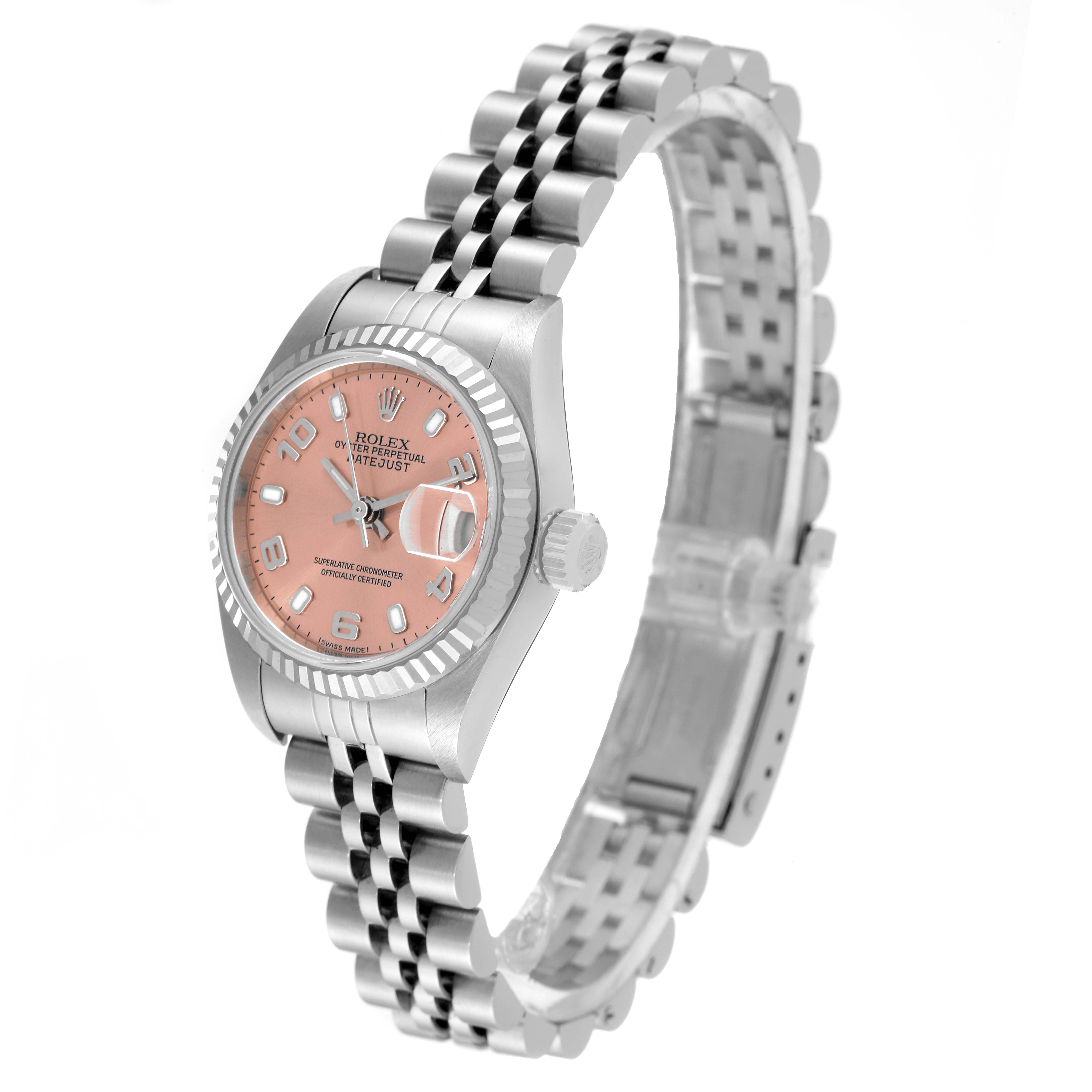 This image shows a Rolex Datejust 79174 Women
s Stainless Steel Pink Dial 79174 Women
s Stainless Steel Pink Dial watch from a front-side angle, highlighting its pink dial, bezel, crown, and jubilee bracelet.