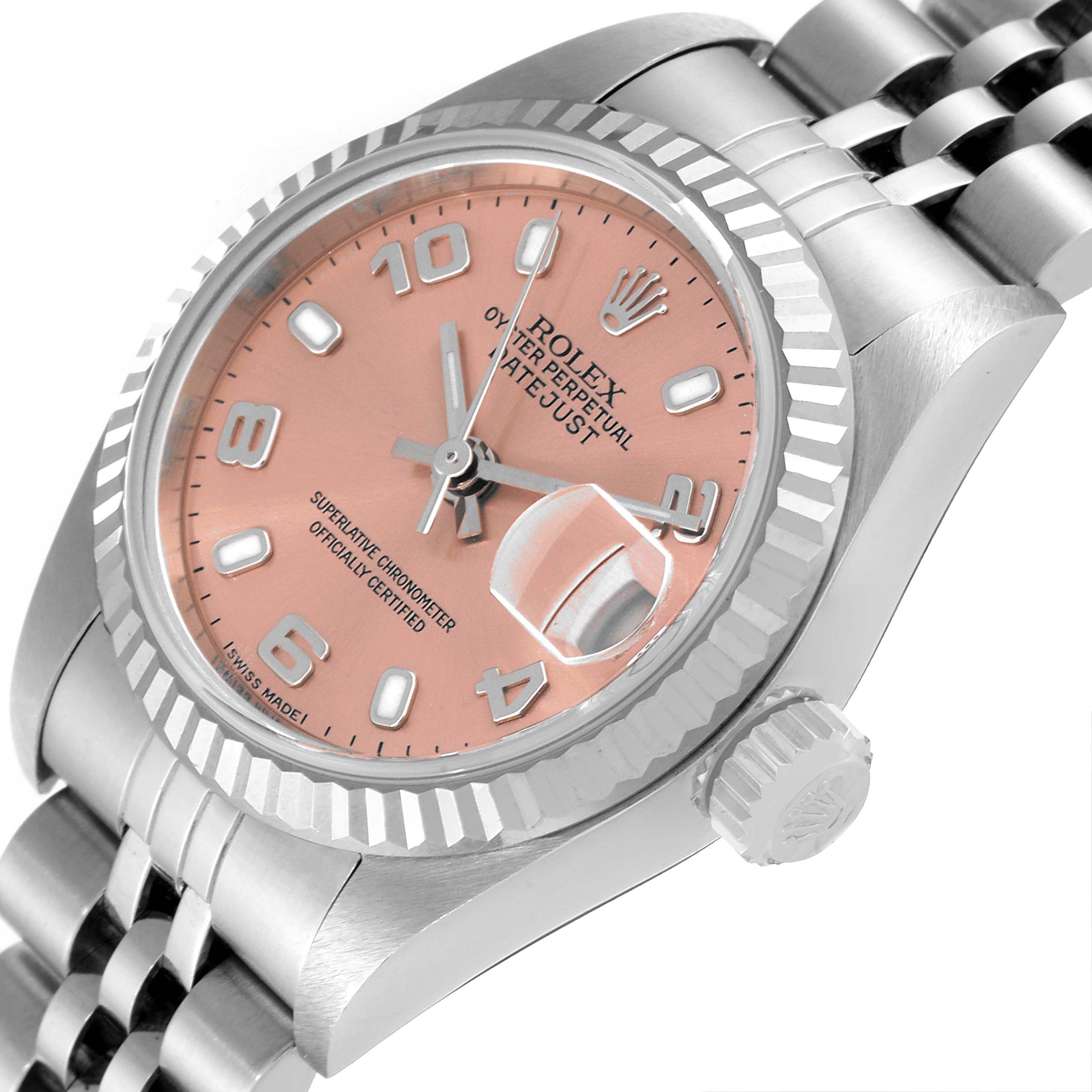 The image shows a close-up, angled view of the dial, bezel, crown, and part of the bracelet of a Rolex Datejust 79174 Women
s Stainless Steel Pink Dial 79174 Women
s Stainless Steel Pink Dial watch.