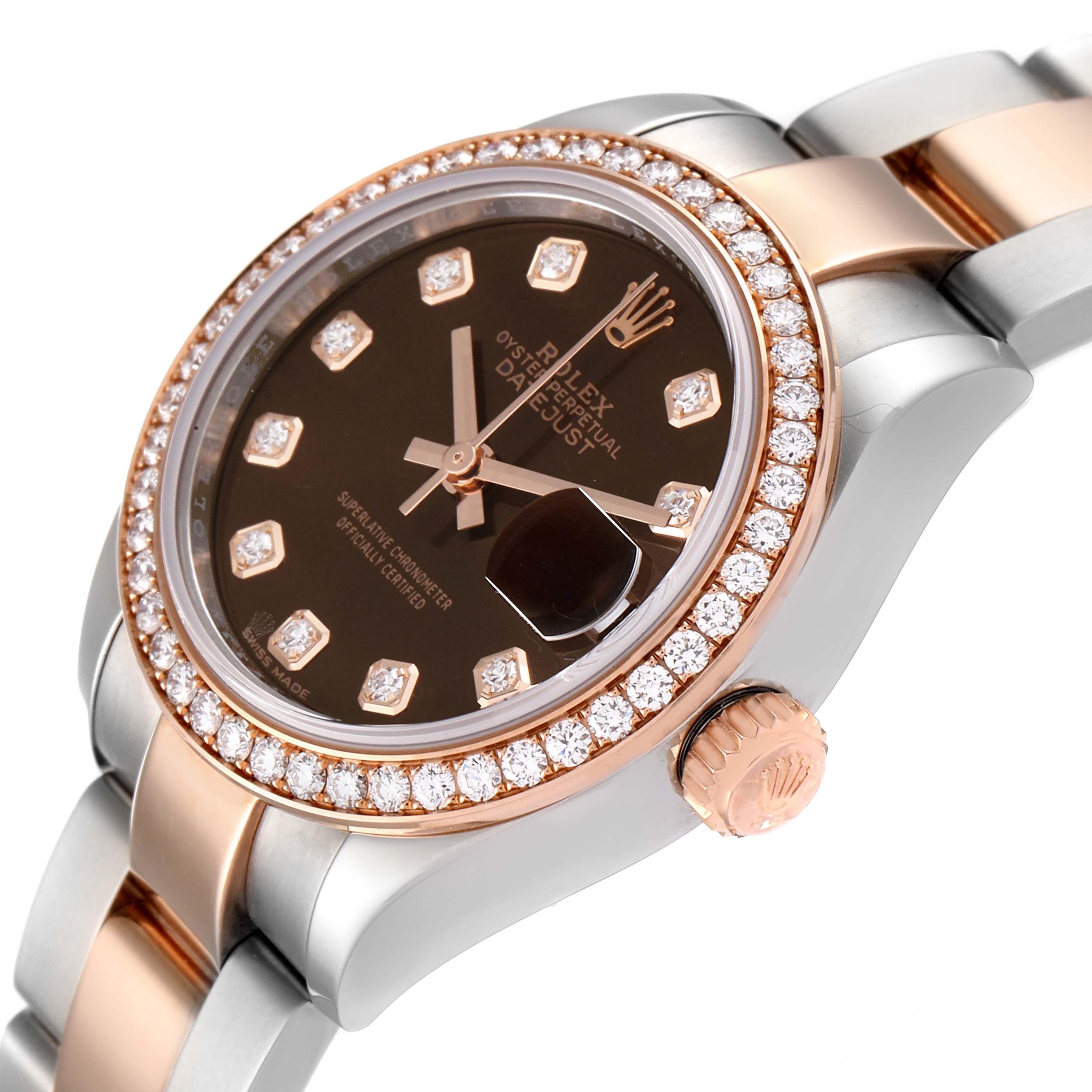 This image shows a Rolex Datejust 279381 Women's Steel and Gold (two tone) Brown Dial 279381 Women's Steel and Gold (two tone) Brown Dial watch at an oblique angle, highlighting the bezel, dial, crown, and part of the bracelet.