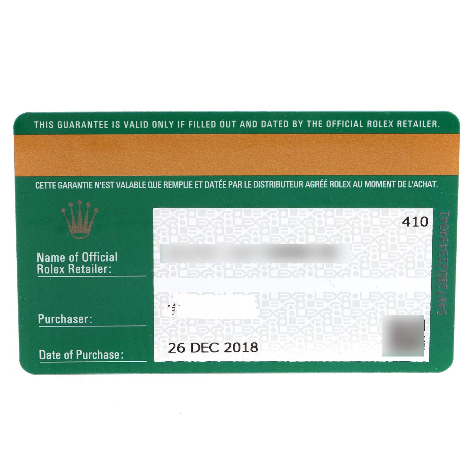 This image shows the warranty card for a Rolex Datejust 279381 Women's Steel and Gold (two tone) Brown Dial 279381 Women's Steel and Gold (two tone) Brown Dial watch, displaying the retailer's information, purchase date, and a serial number.