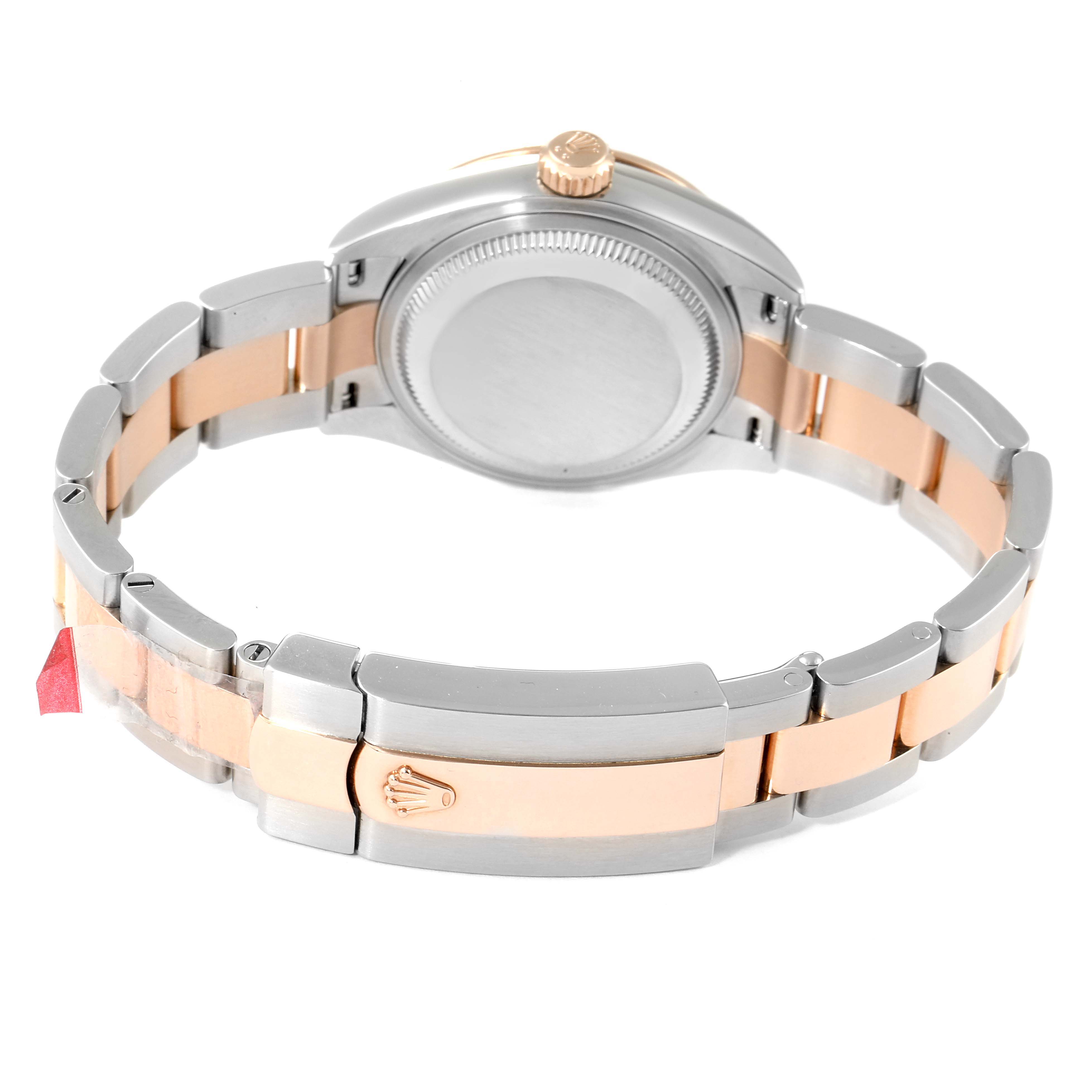 This image shows the rear view of the Rolex Datejust 279381 Women's Steel and Gold (two tone) Brown Dial 279381 Women's Steel and Gold (two tone) Brown Dial watch, highlighting the bracelet and closed clasp.