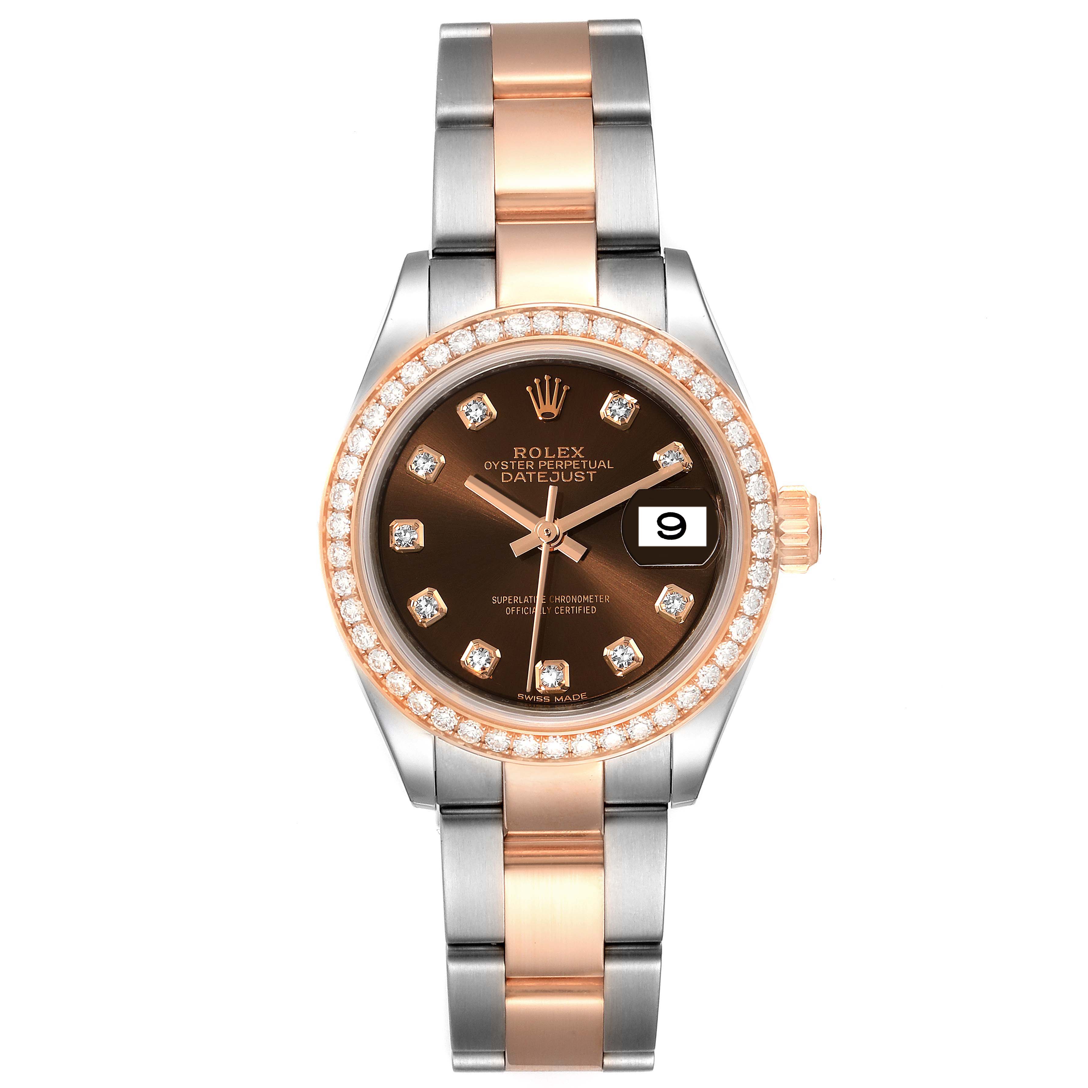 The image shows a Rolex Datejust 279381 Women's Steel and Gold (two tone) Brown Dial 279381 Women's Steel and Gold (two tone) Brown Dial watch from a front angle, showcasing its face, bezel, and bracelet.