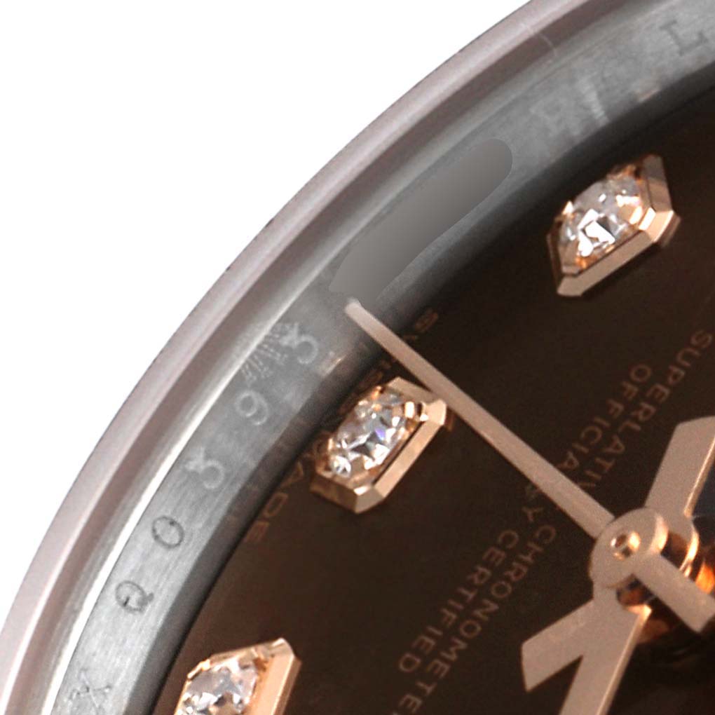The image shows a close-up of the dial, hands, and diamond markers of a Rolex Datejust 279381 Women's Steel and Gold (two tone) Brown Dial 279381 Women's Steel and Gold (two tone) Brown Dial watch.