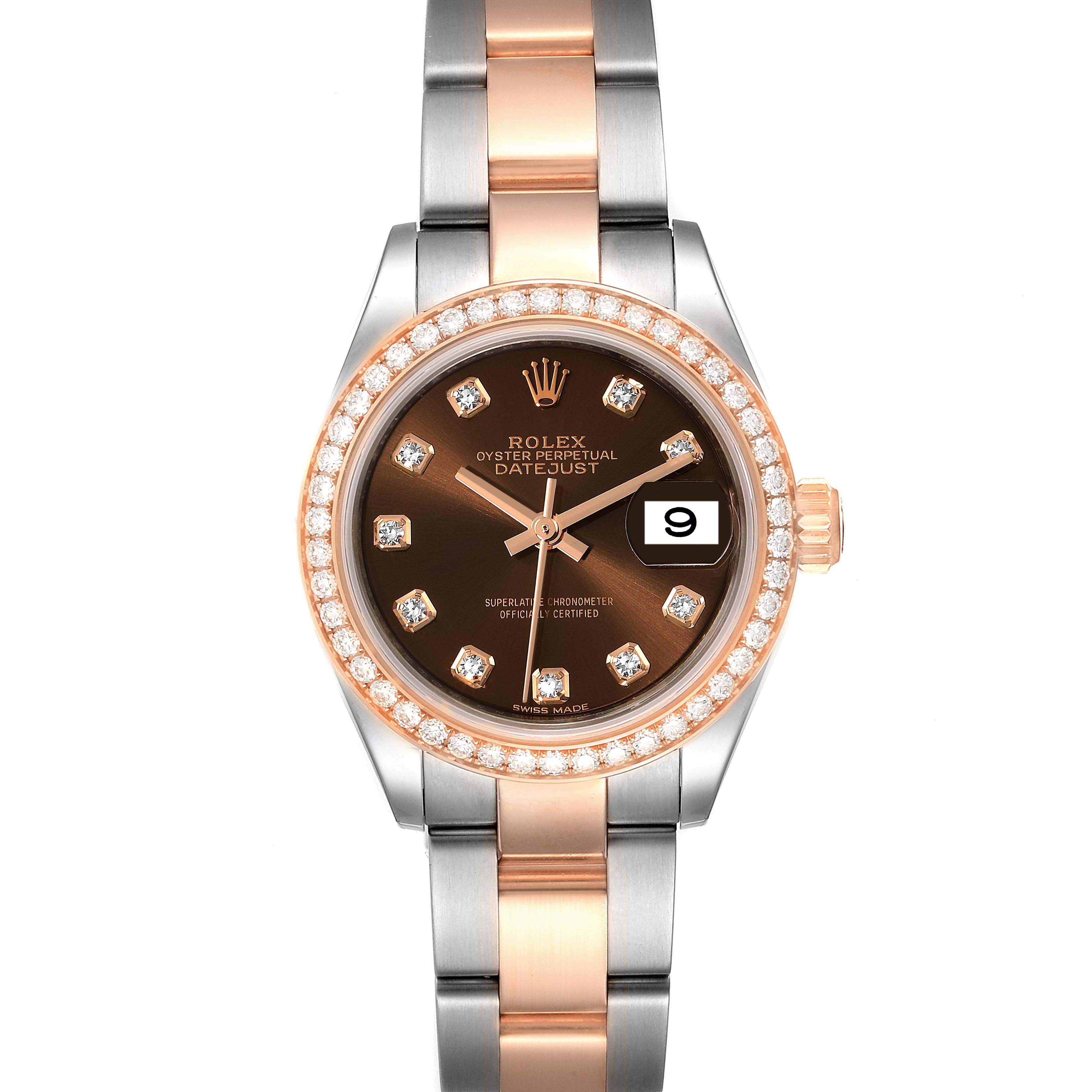 The image shows a front view of a Rolex Datejust 279381 Women's Steel and Gold (two tone) Brown Dial 279381 Women's Steel and Gold (two tone) Brown Dial watch, featuring a two-tone bracelet, diamond bezel, and brown dial.