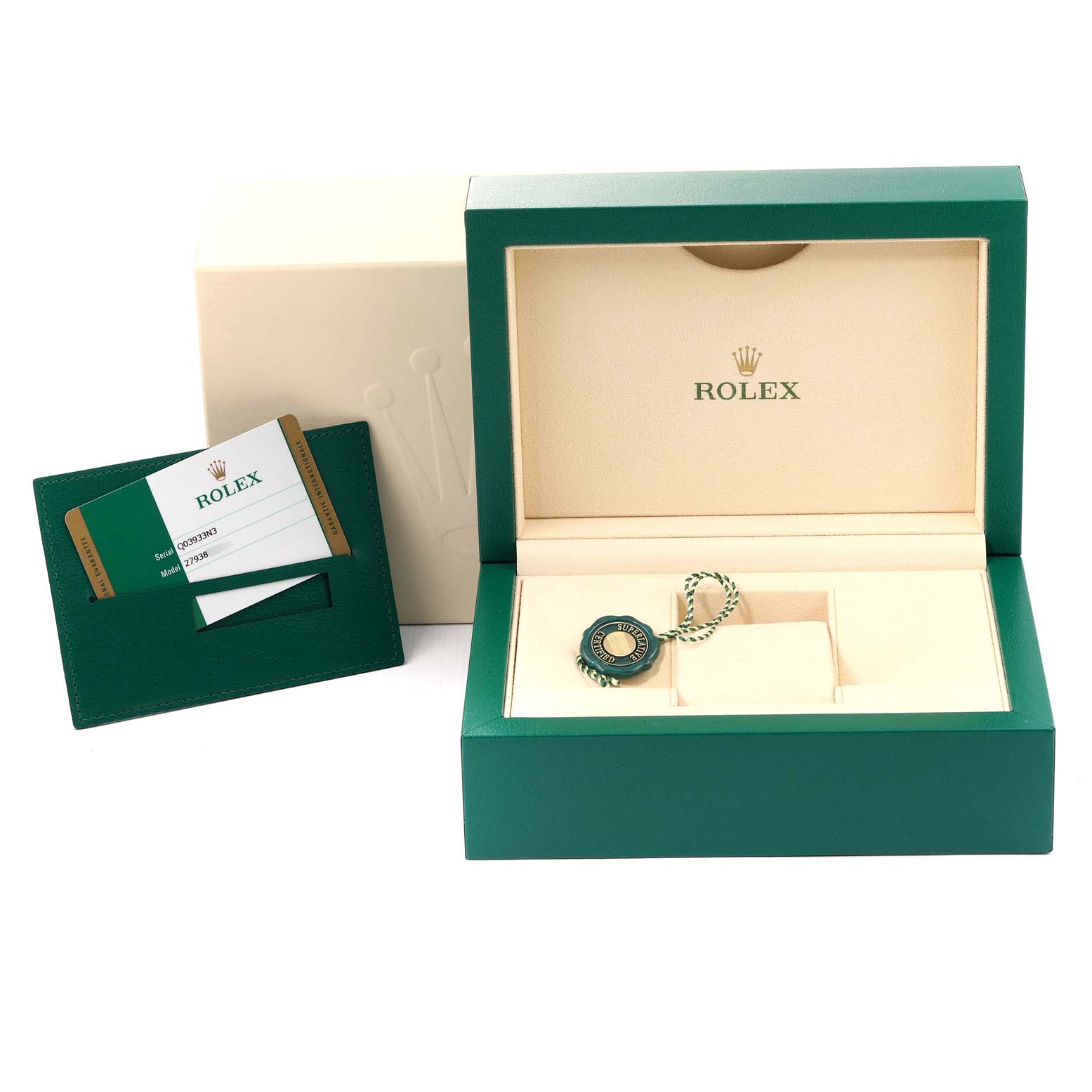 The image shows a Rolex Datejust 279381 Women's Steel and Gold (two tone) Brown Dial 279381 Women's Steel and Gold (two tone) Brown Dial watch box, warranty cardholder, and a hang tag, viewed from above.