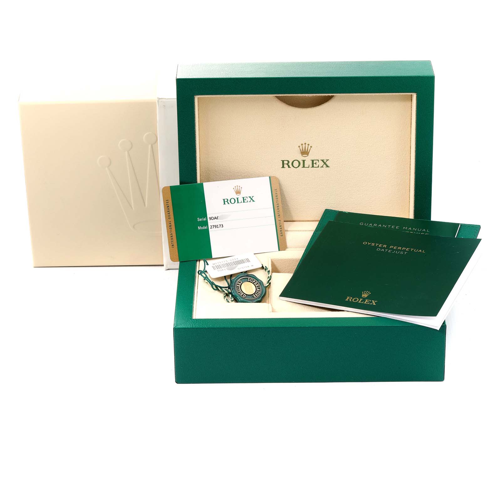 The image shows the packaging accessories, manuals, and warranty card for the Rolex Datejust 279173 Women's Steel and Gold (two tone) White Dial 279173 Women's Steel and Gold (two tone) White Dial model.
