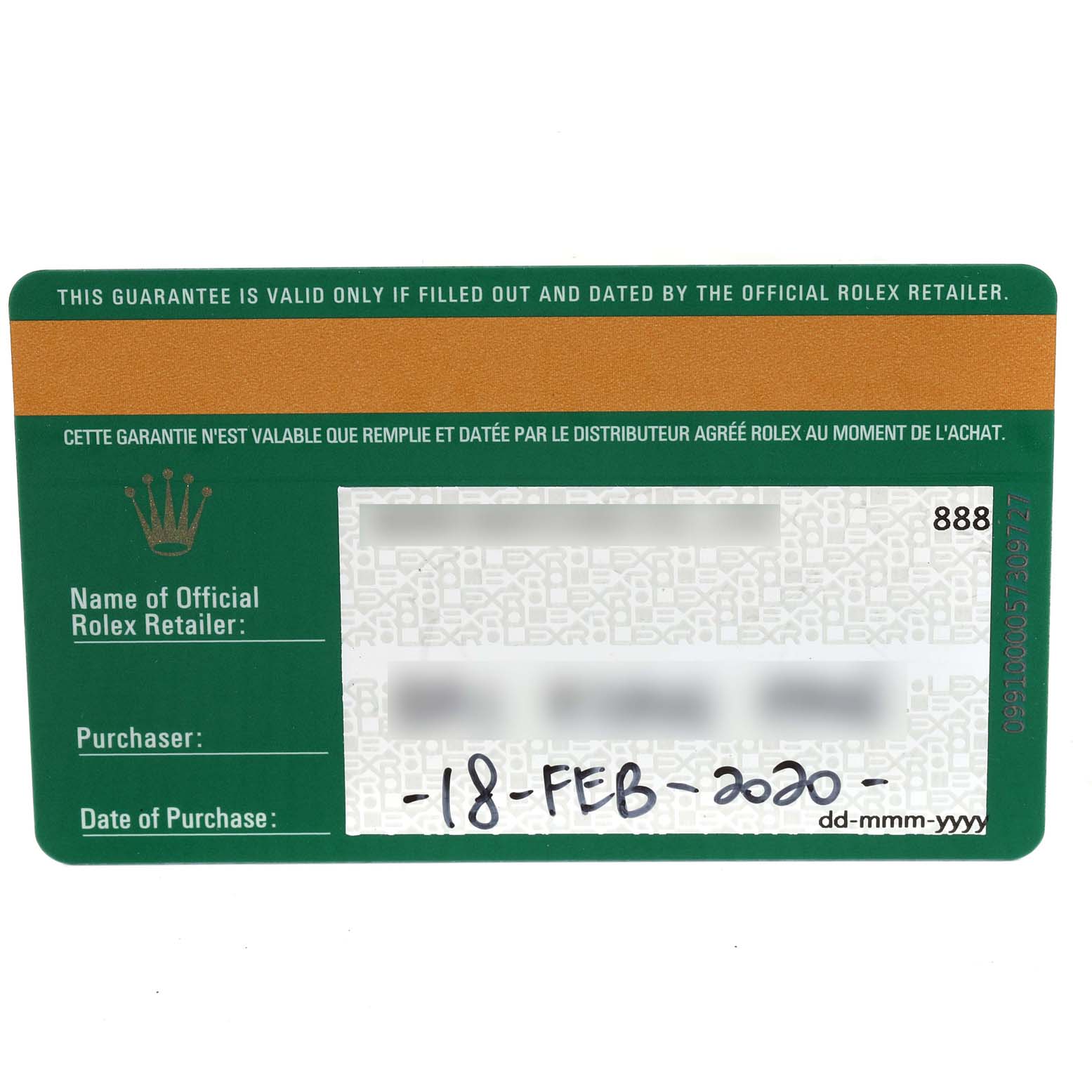 The image shows the guarantee card for a Rolex Datejust 279173 Women's Steel and Gold (two tone) White Dial 279173 Women's Steel and Gold (two tone) White Dial watch, displaying retailer info, purchase date, and security features.