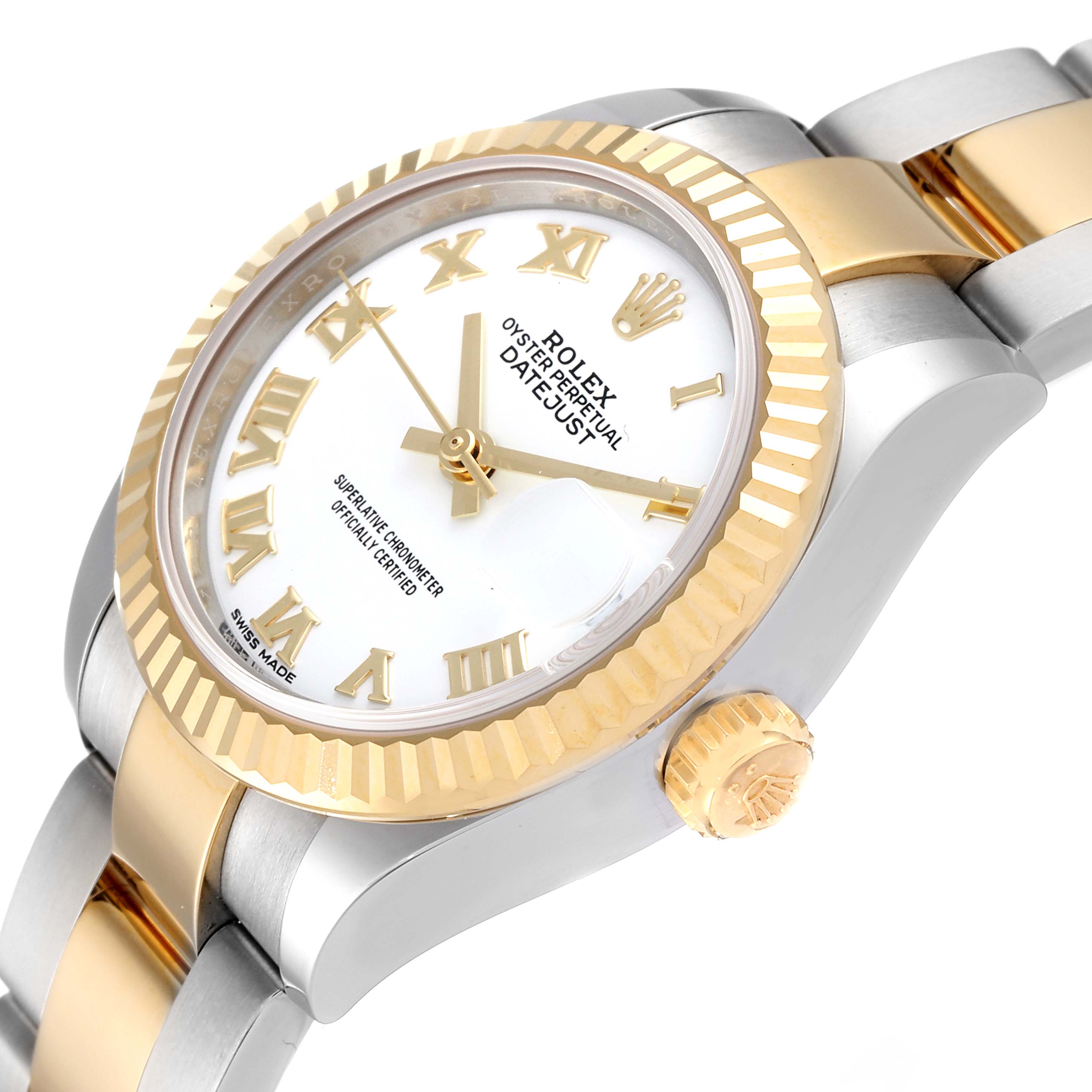 This image shows an angled close-up of the Rolex Datejust 279173 Women's Steel and Gold (two tone) White Dial 279173 Women's Steel and Gold (two tone) White Dial watch, featuring the face, bezel, crown, and part of the bracelet.