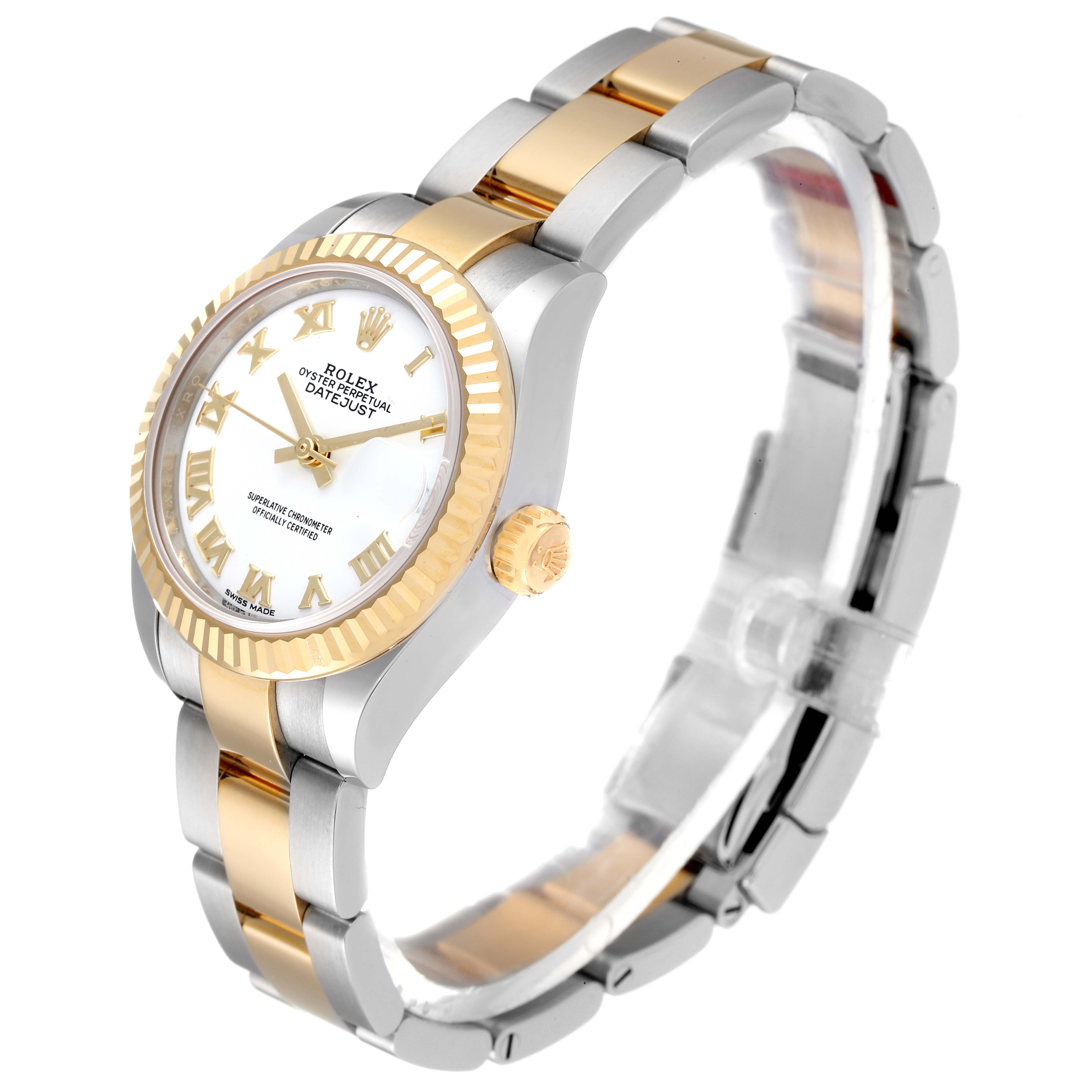 The Rolex Datejust 279173 Women's Steel and Gold (two tone) White Dial 279173 Women's Steel and Gold (two tone) White Dial watch is shown at a three-quarter angle, highlighting the dial, fluted bezel, crown, and two-tone bracelet.